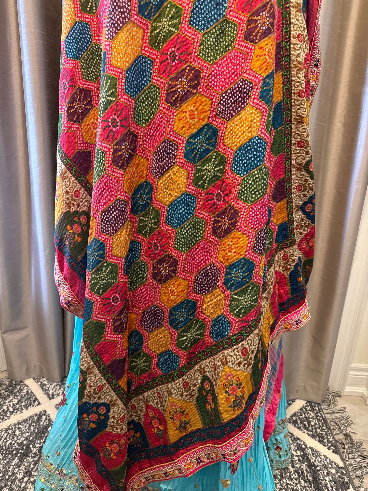 Crushed Chinon fabric semi-stitched turquoise Lengha set