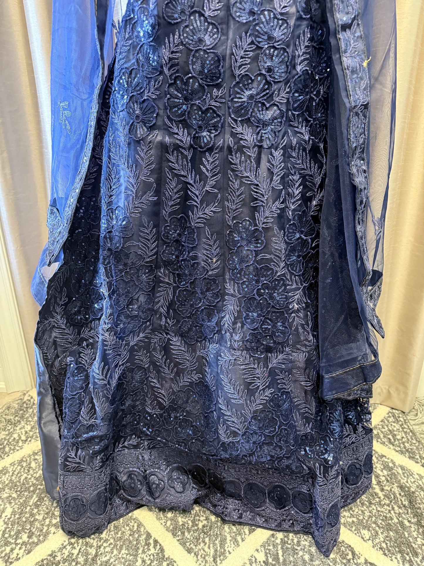 Navy Blue Net Sequin Embroidered semi-stitched Lehenga