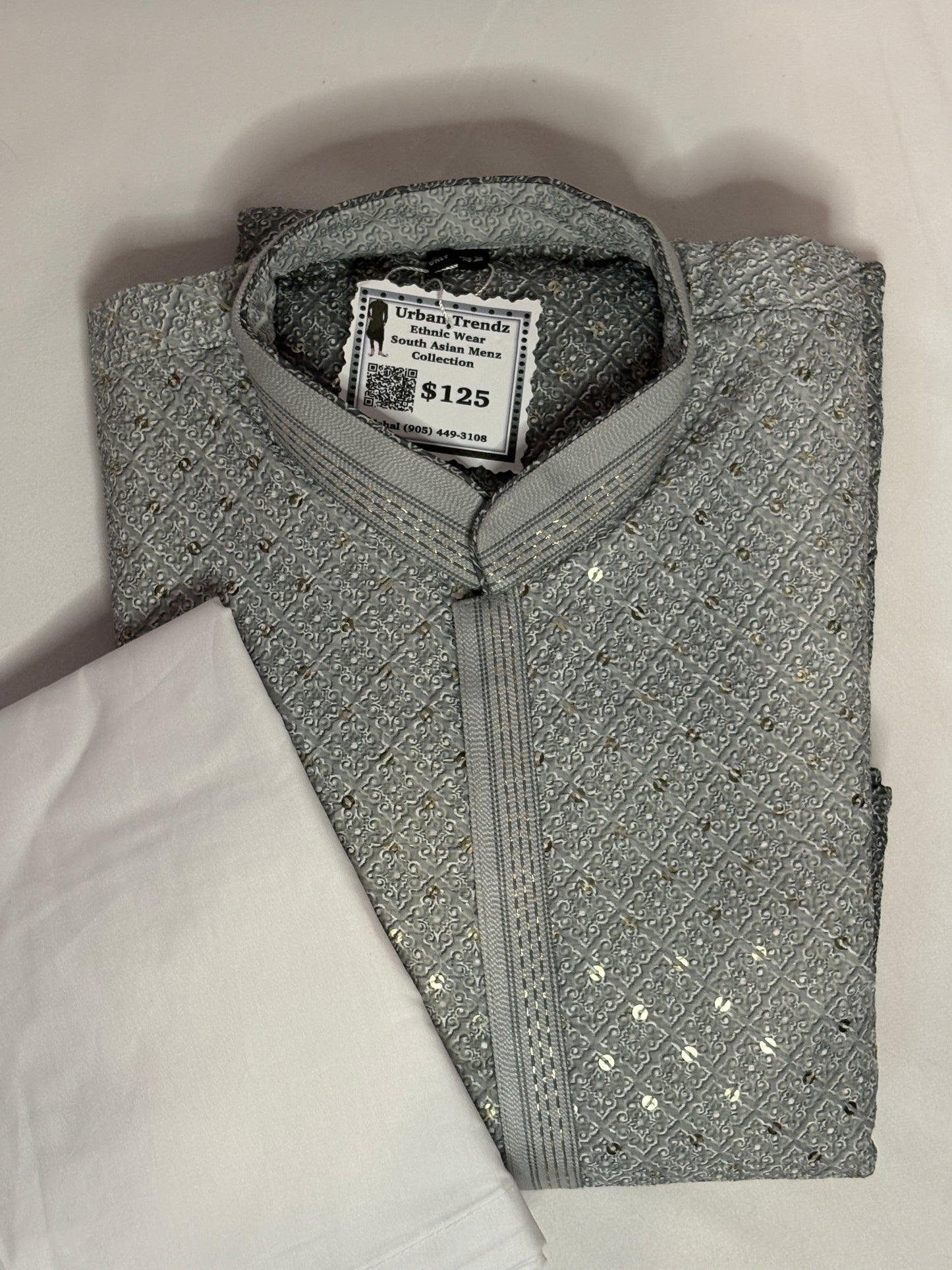 Jacquard Grey Silver Sequin Kurta with White Churidar