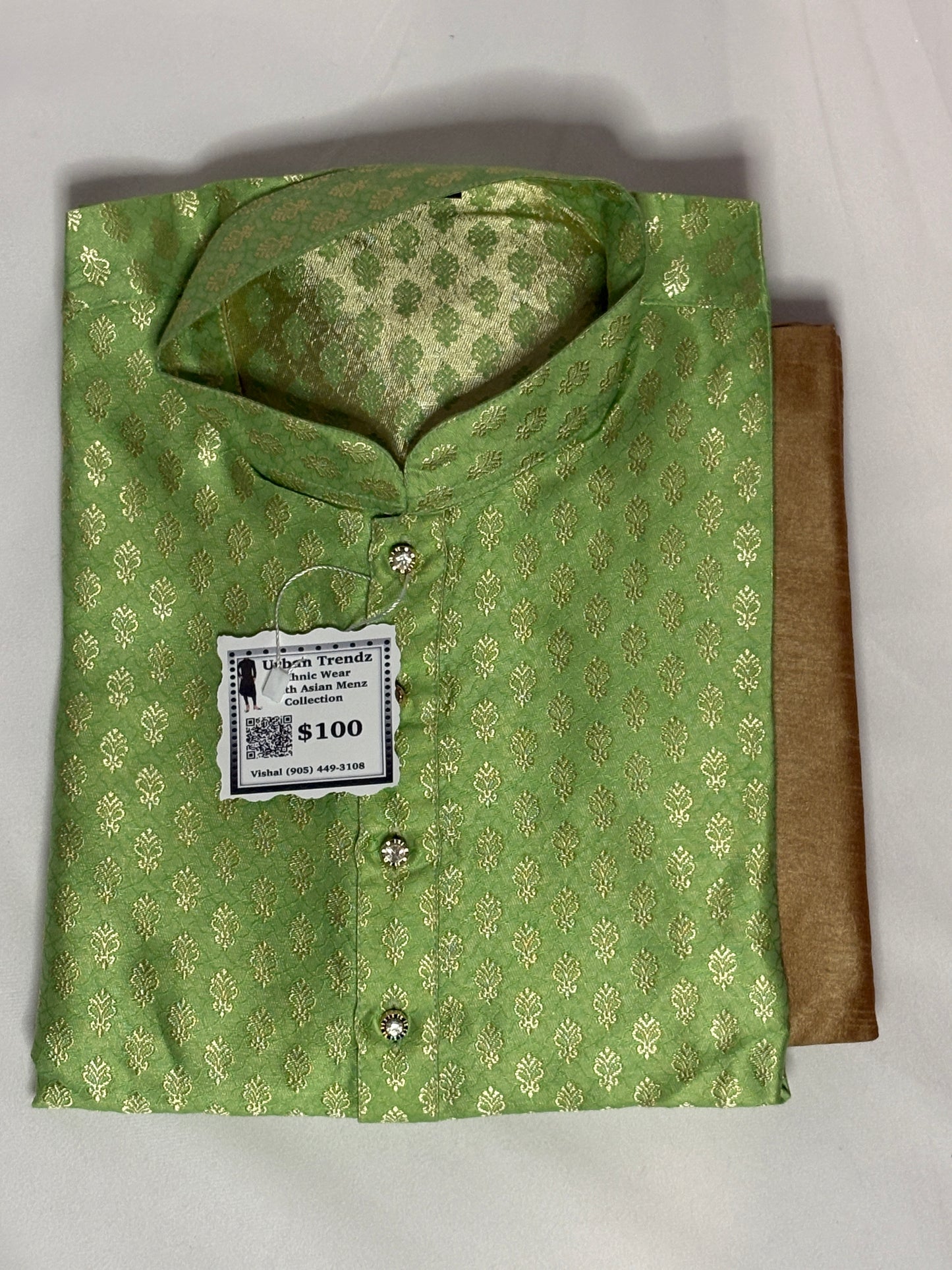 Mint green Brocade Kurta comes with golden pajama