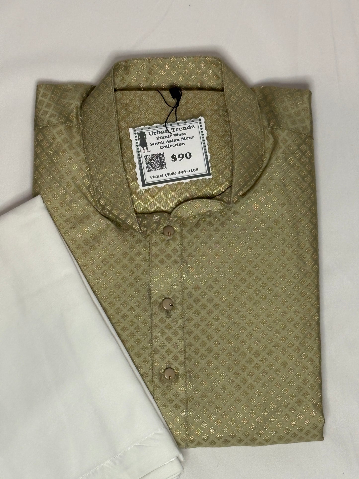 Olive Gold Brocade Kurta with White Churidar