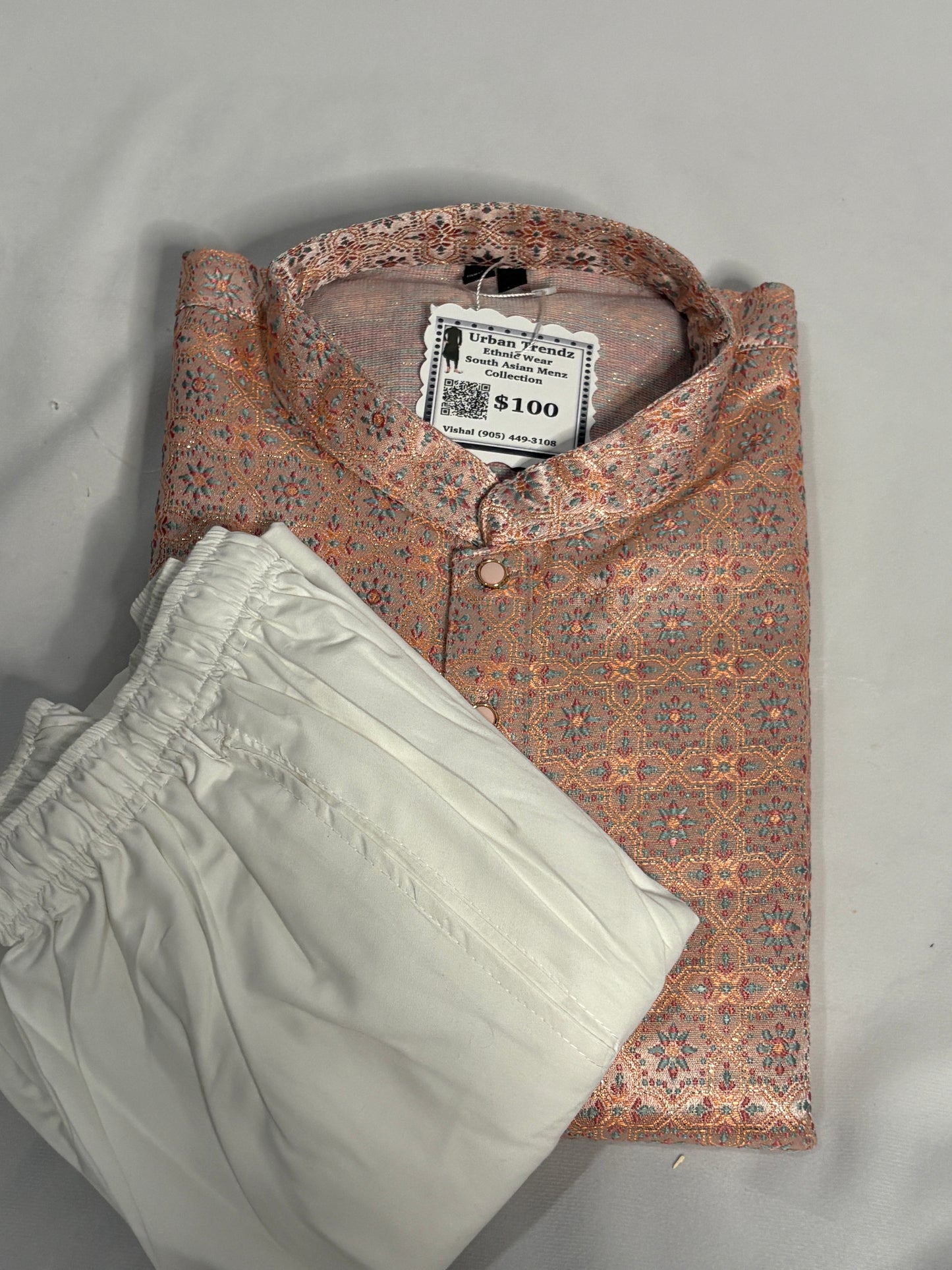 Beige Mosaic Embroidered Kurta Pajama Set