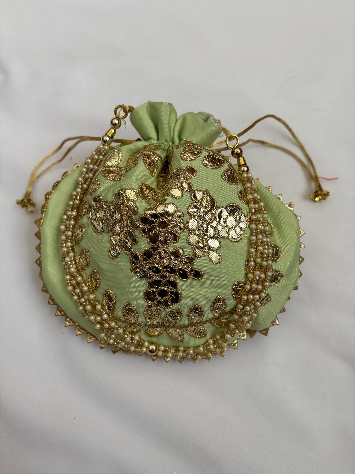 Pistachio Green Golden Embroidered Potli Bag