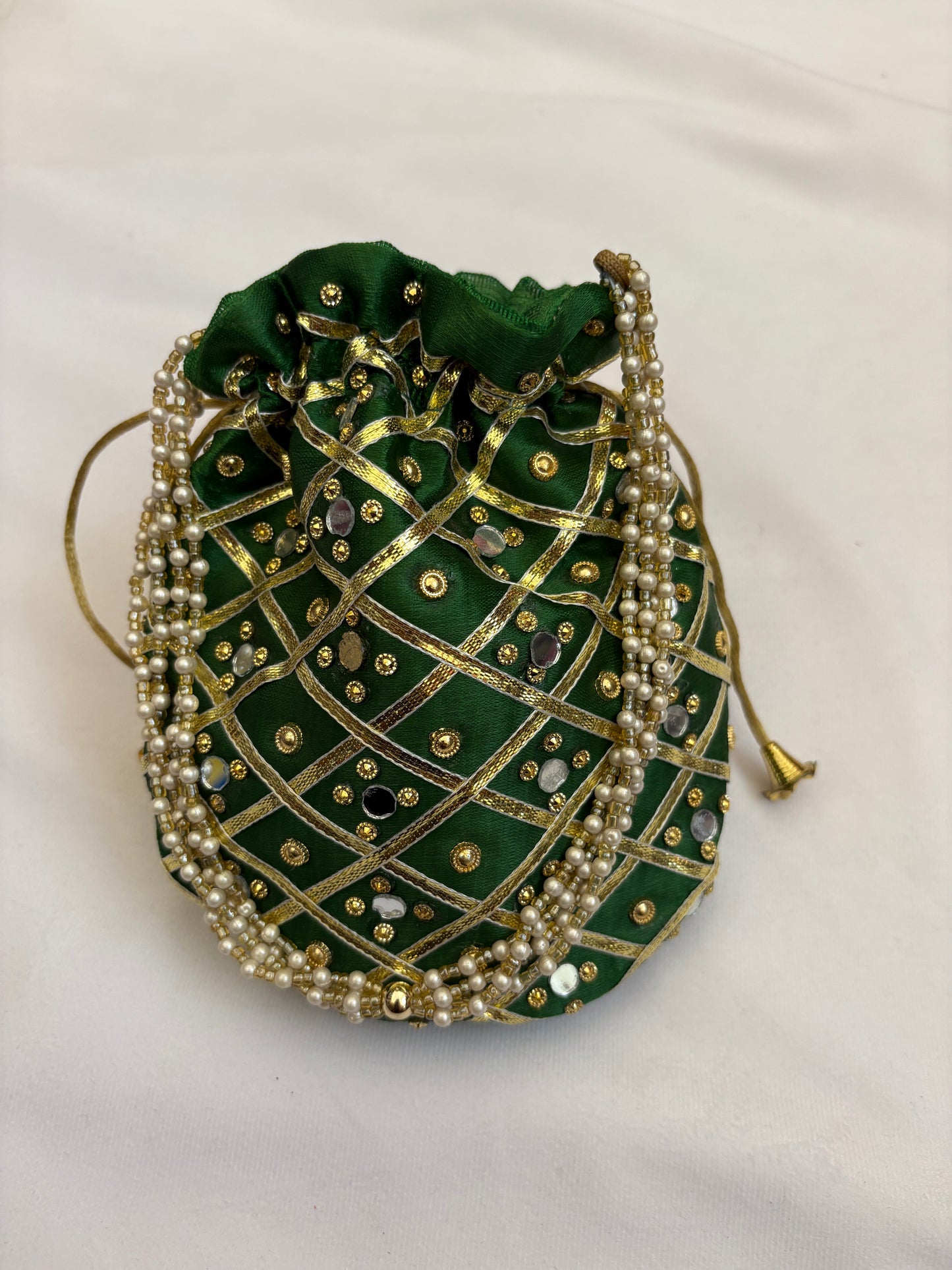 Green Mirrorwork Embroidered Potli Bag