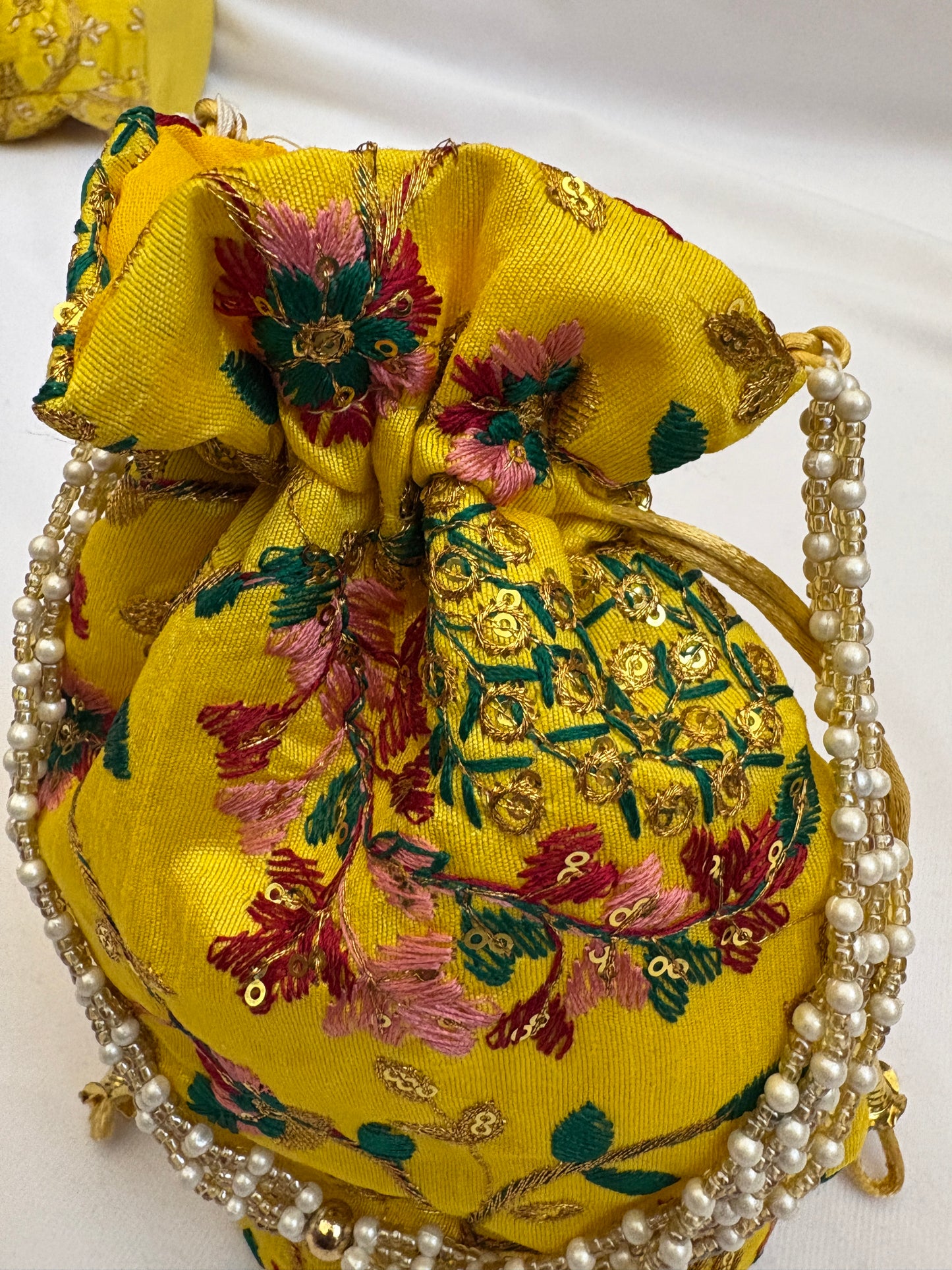 Yellow Floral Embroidered Potli Bag