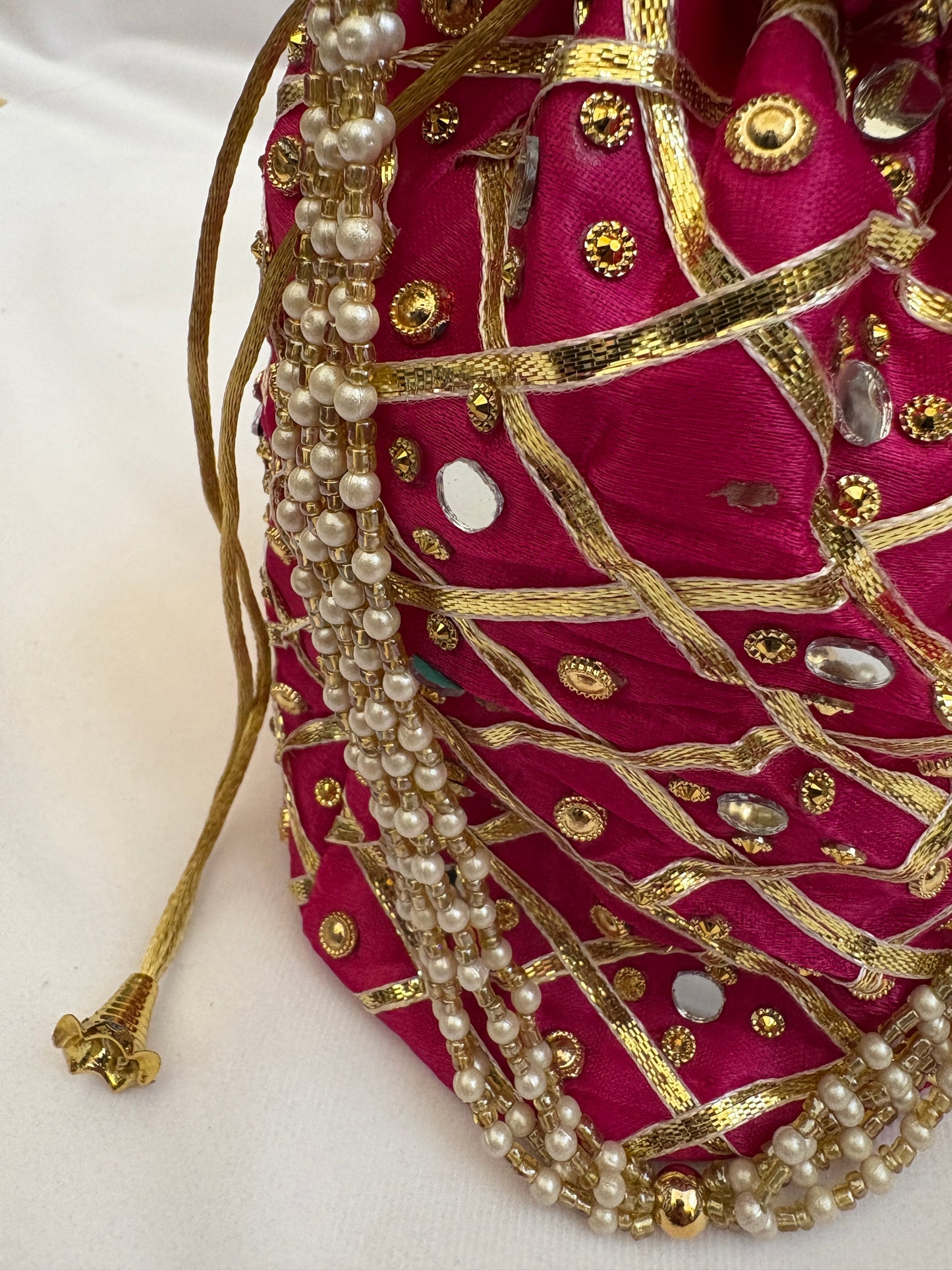 Hot Pink Mirrorwork Embroidered Potli Bag