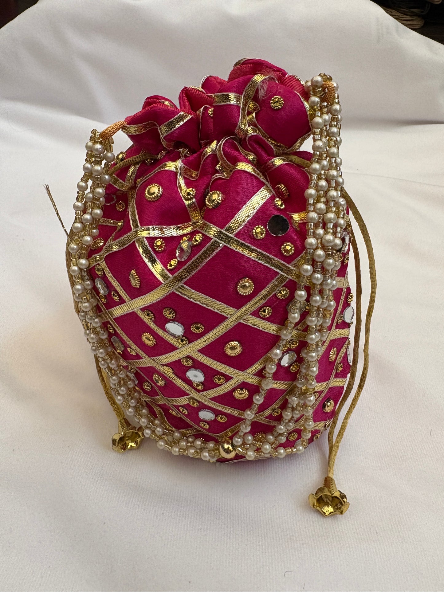 Hot Pink Mirrorwork Embroidered Potli Bag