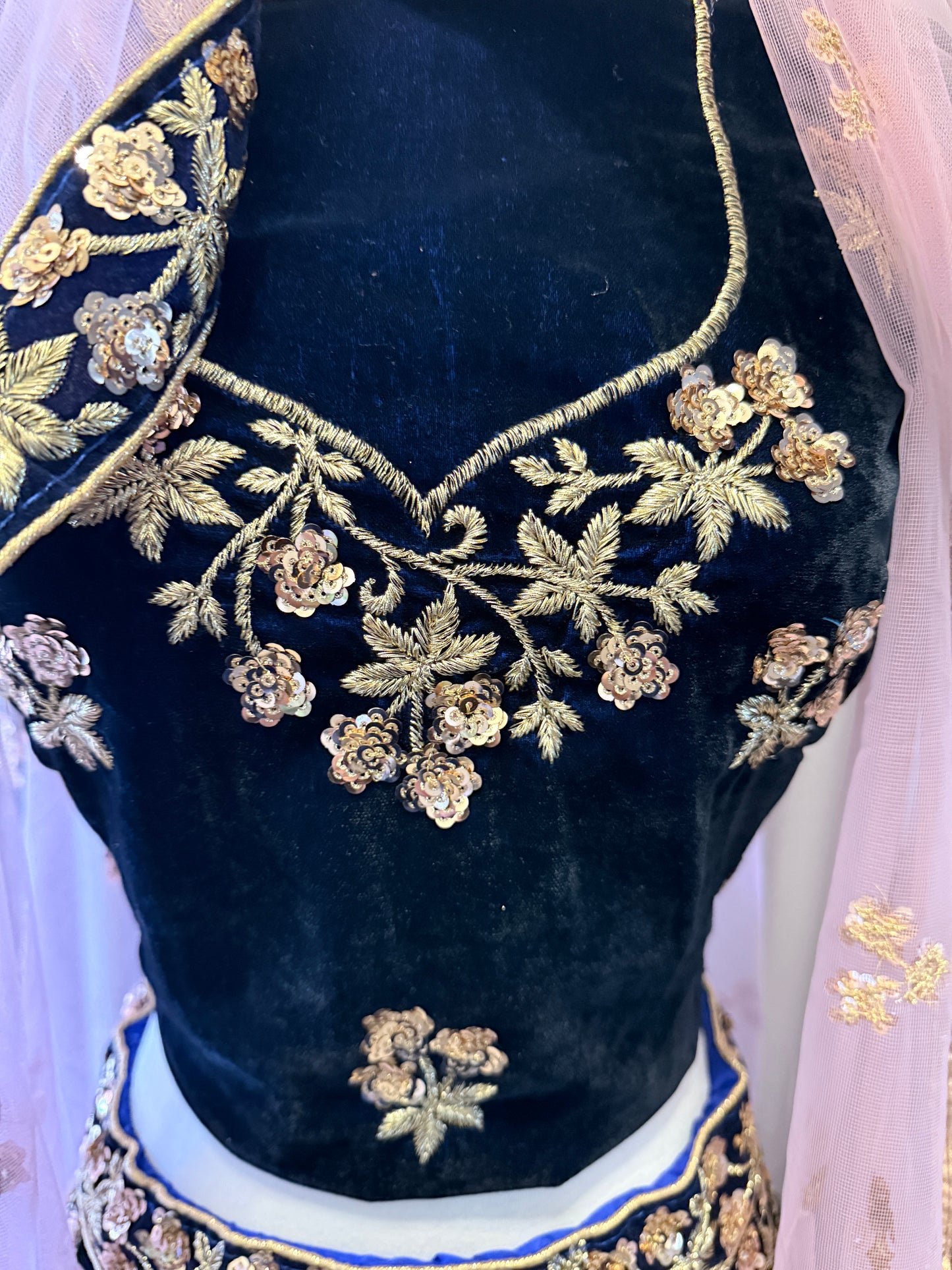 Navy Blue Velvet Semi-Stitched Lehenga with Golden Sequins Embroidery
