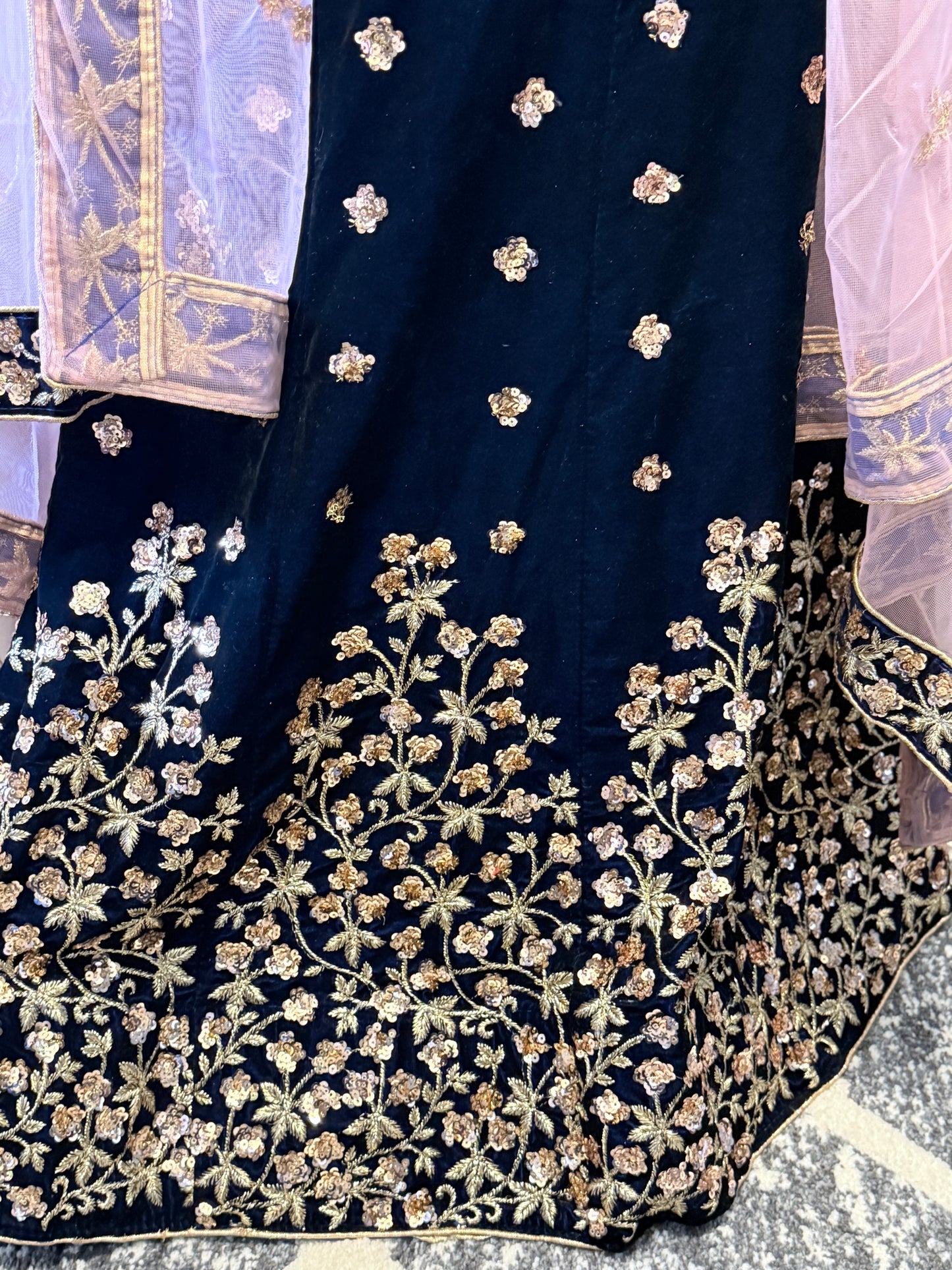 Navy Blue Velvet Semi-Stitched Lehenga with Golden Sequins Embroidery