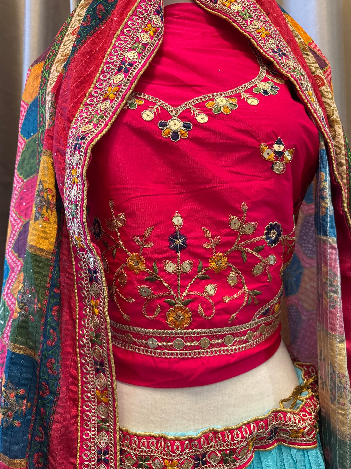 Crushed Chinon fabric semi-stitched turquoise Lengha set