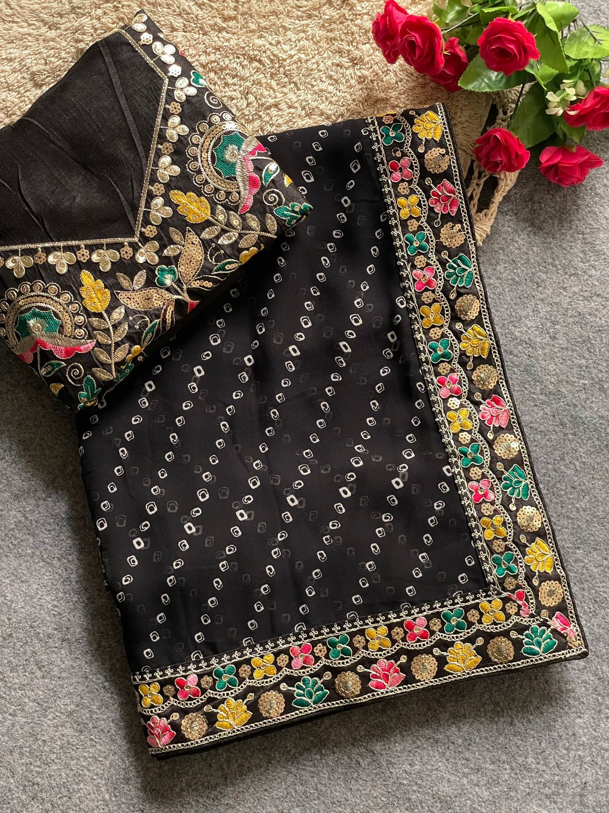 Black Georgette Bandani Saree with Multicolor Floral Embroidered Border