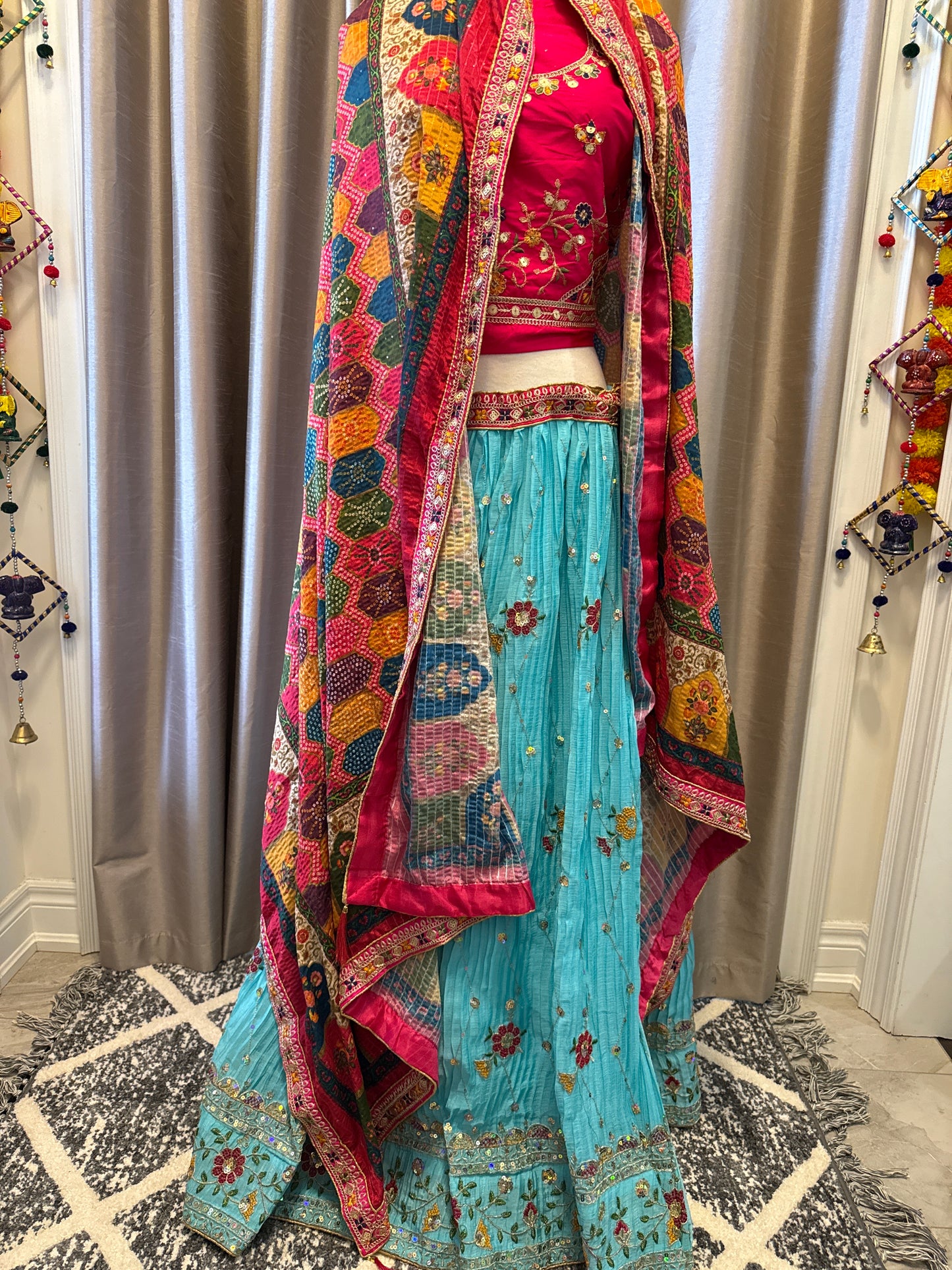 Crushed Chinon fabric semi-stitched turquoise Lengha set