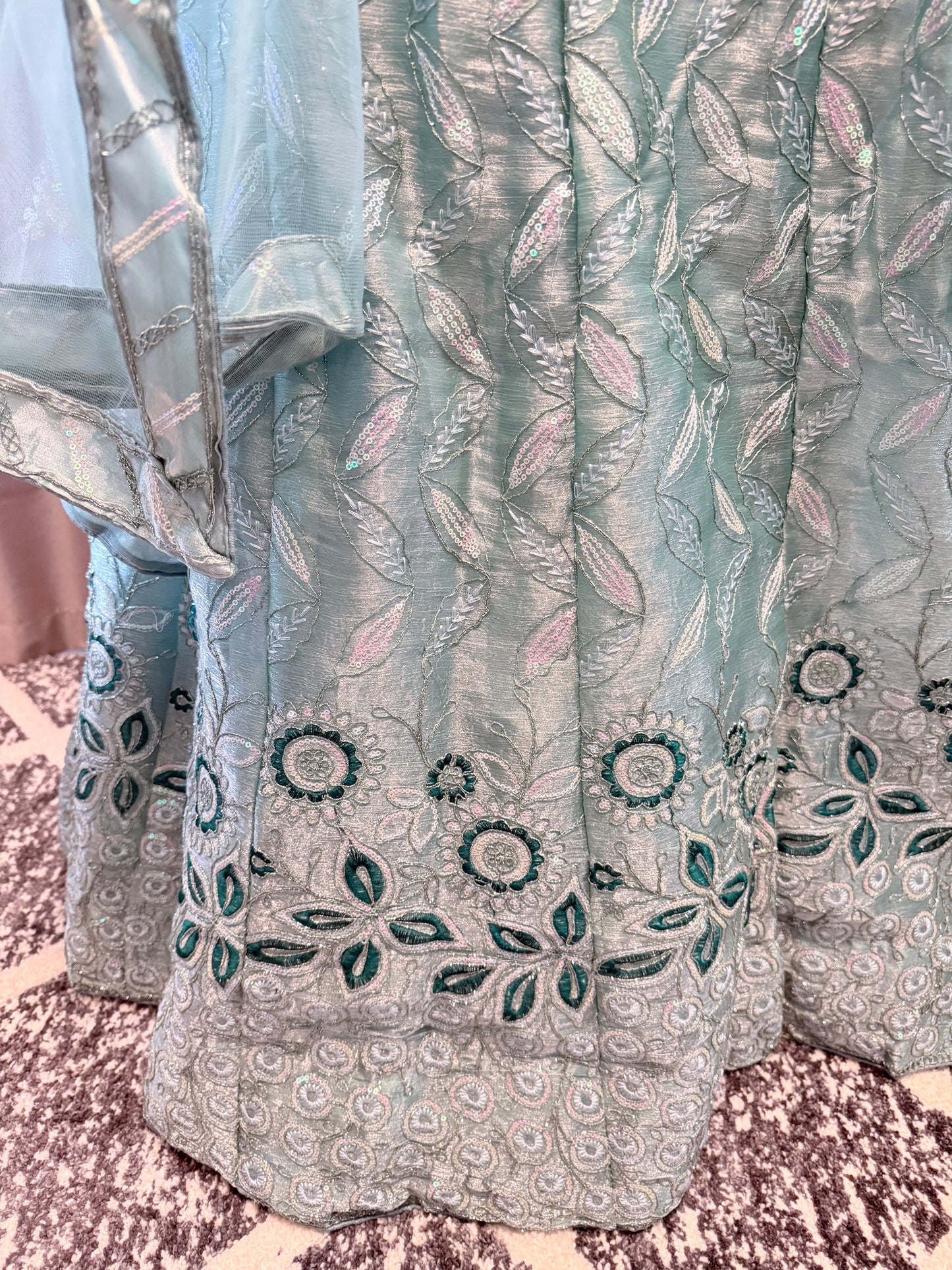 Semi-Stitched Embroidered Net Lehenga Set