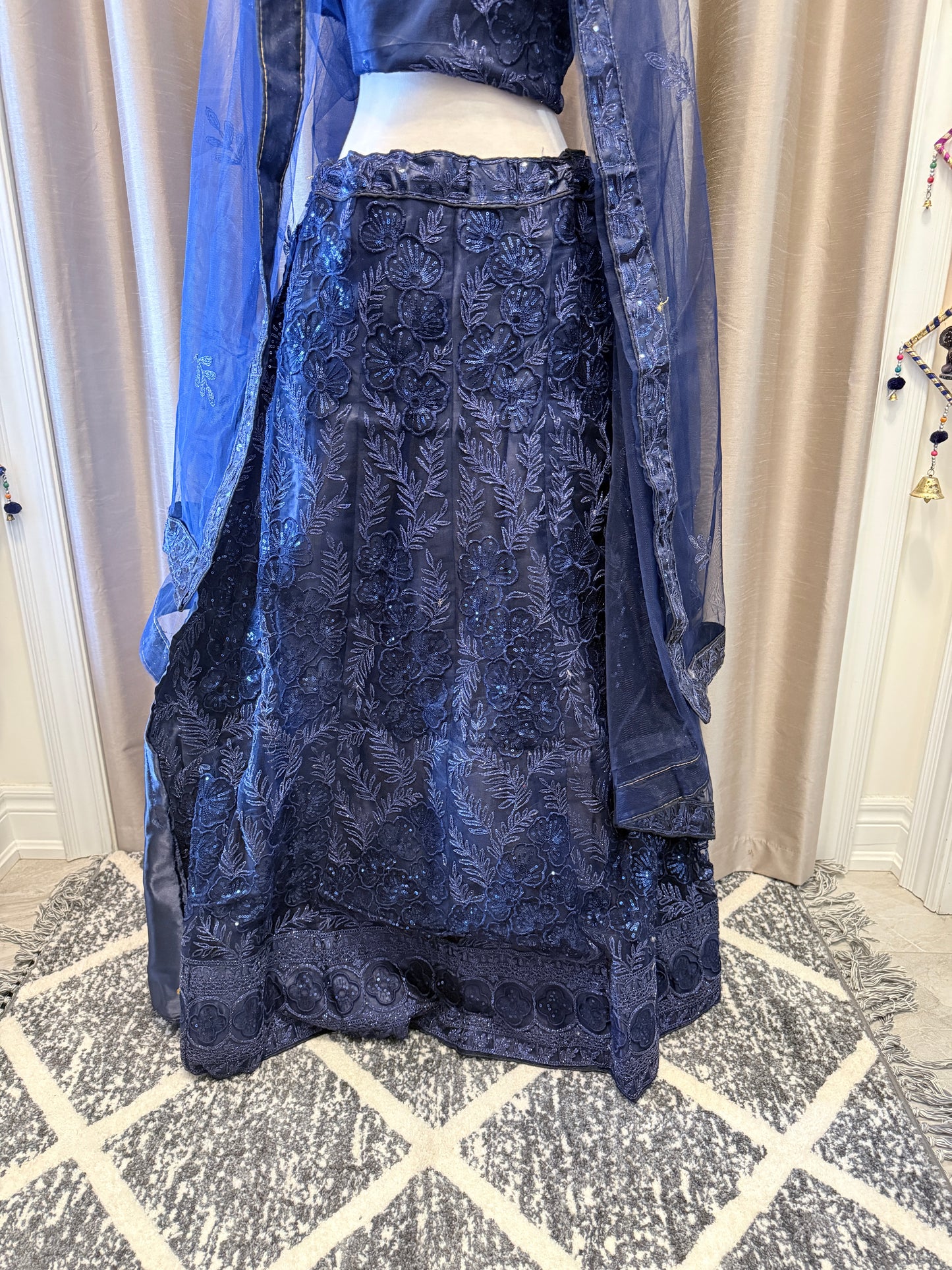 Navy Blue Net Sequin Embroidered semi-stitched Lehenga