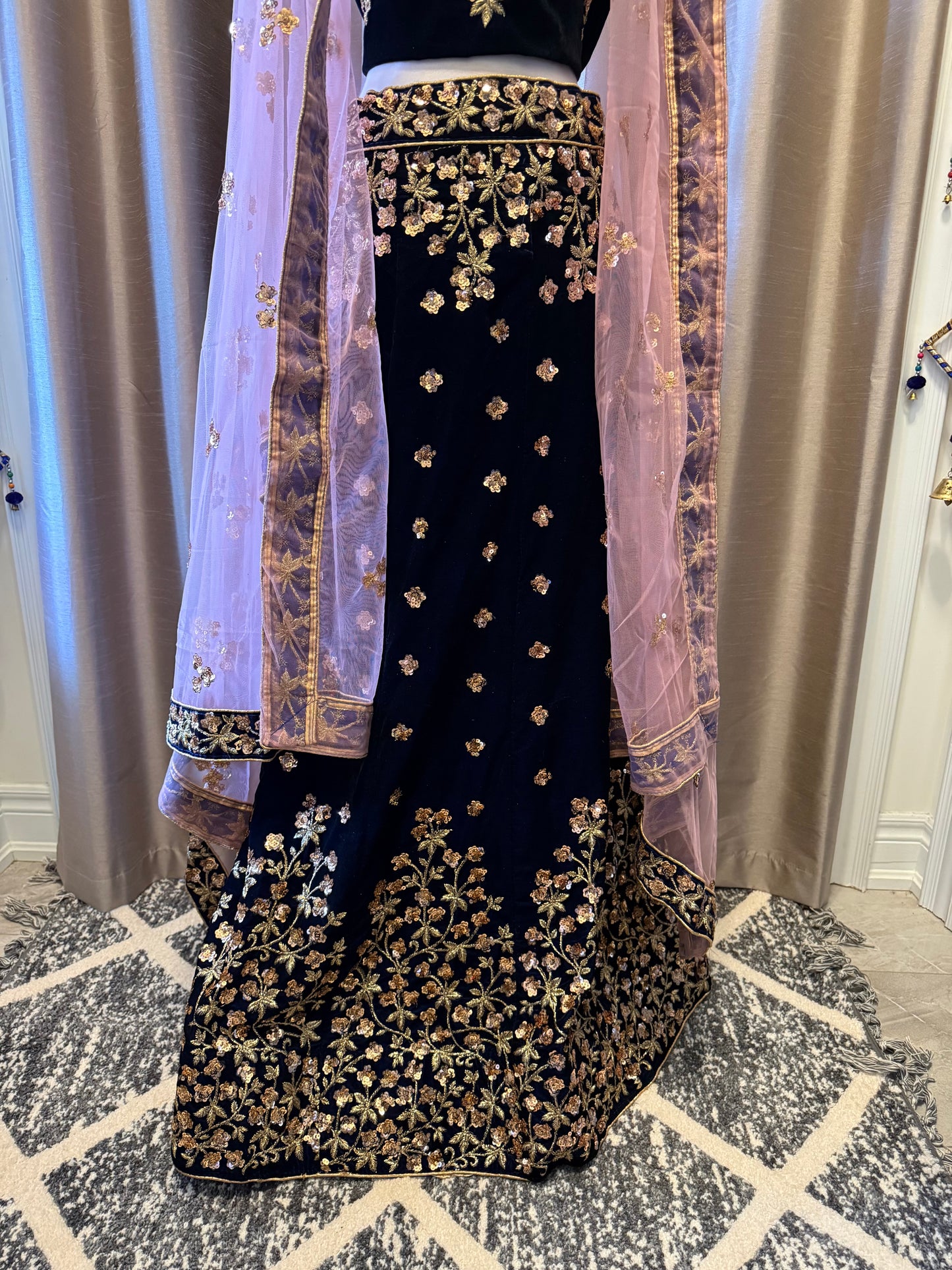 Navy Blue Velvet Semi-Stitched Lehenga with Golden Sequins Embroidery