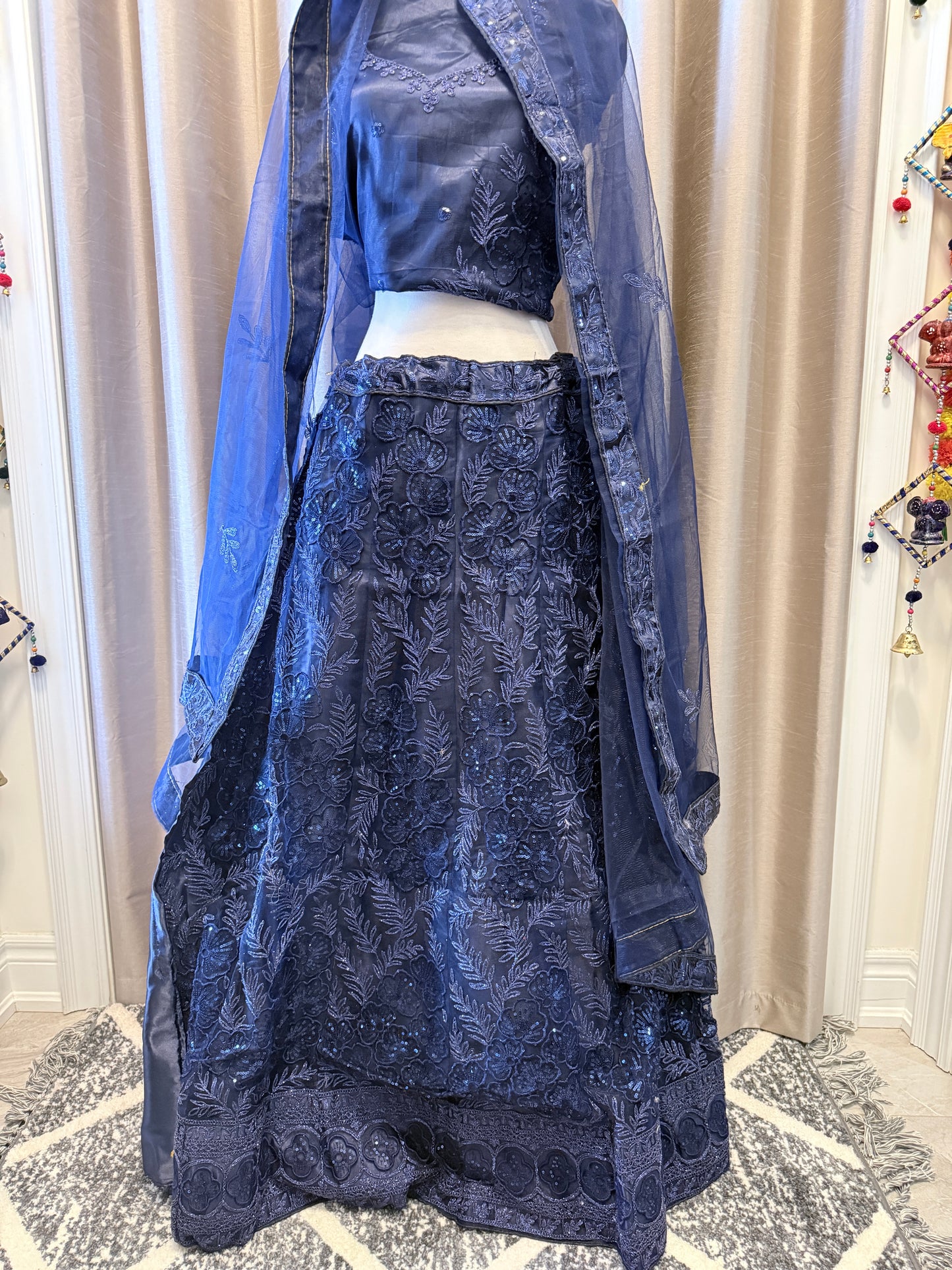 Navy Blue Net Sequin Embroidered semi-stitched Lehenga