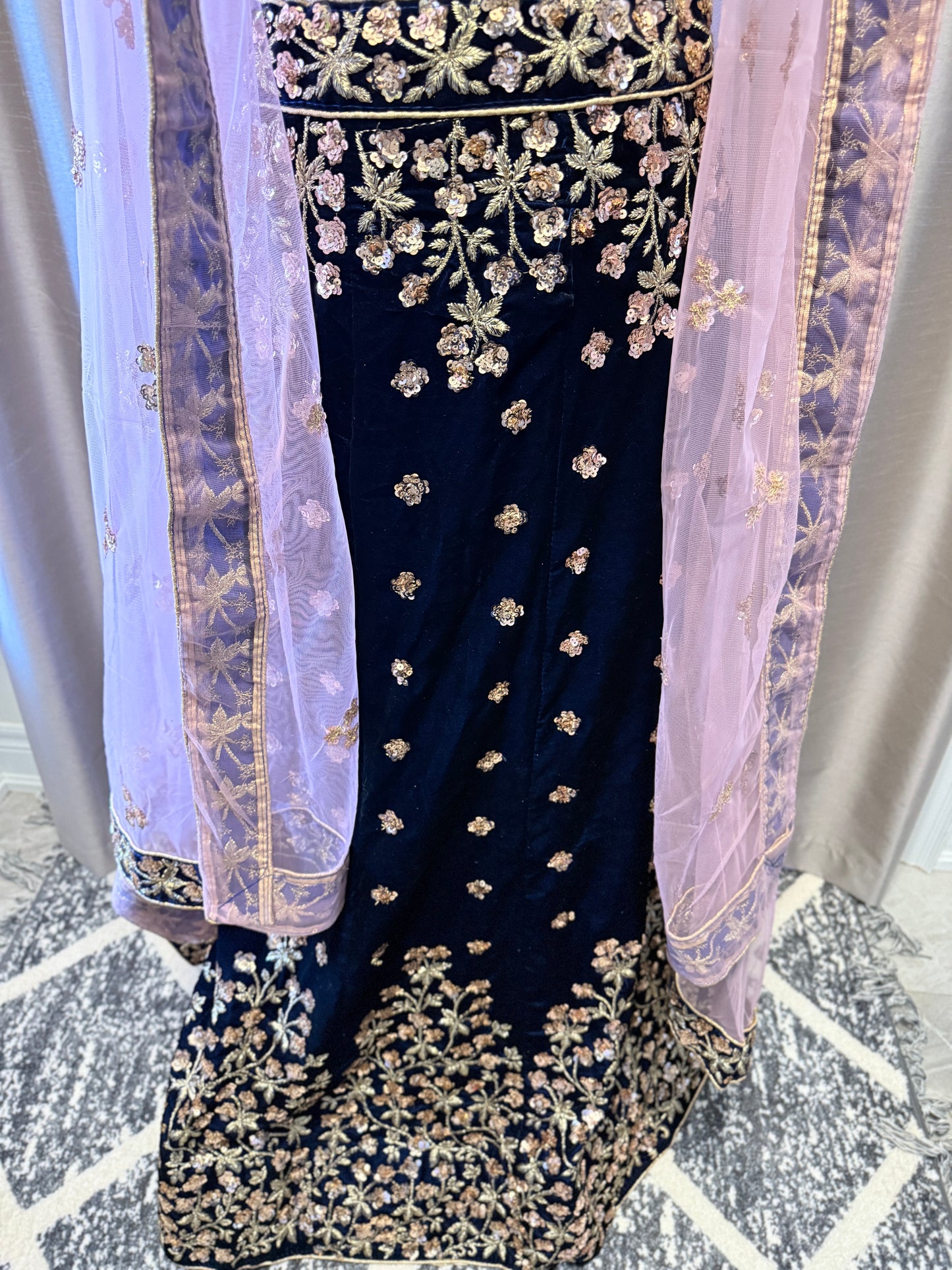 Navy Blue Velvet Semi-Stitched Lehenga with Golden Sequins Embroidery