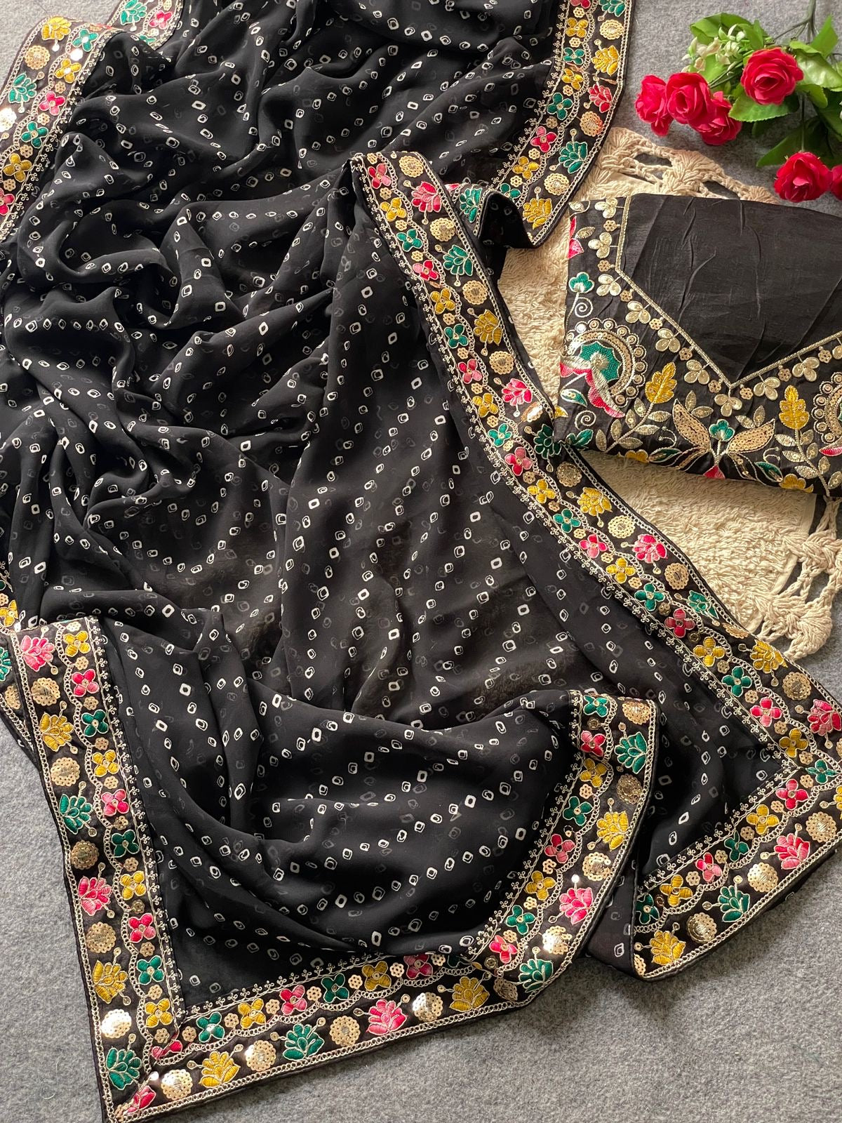 Black Georgette Bandani Saree with Multicolor Floral Embroidered Border