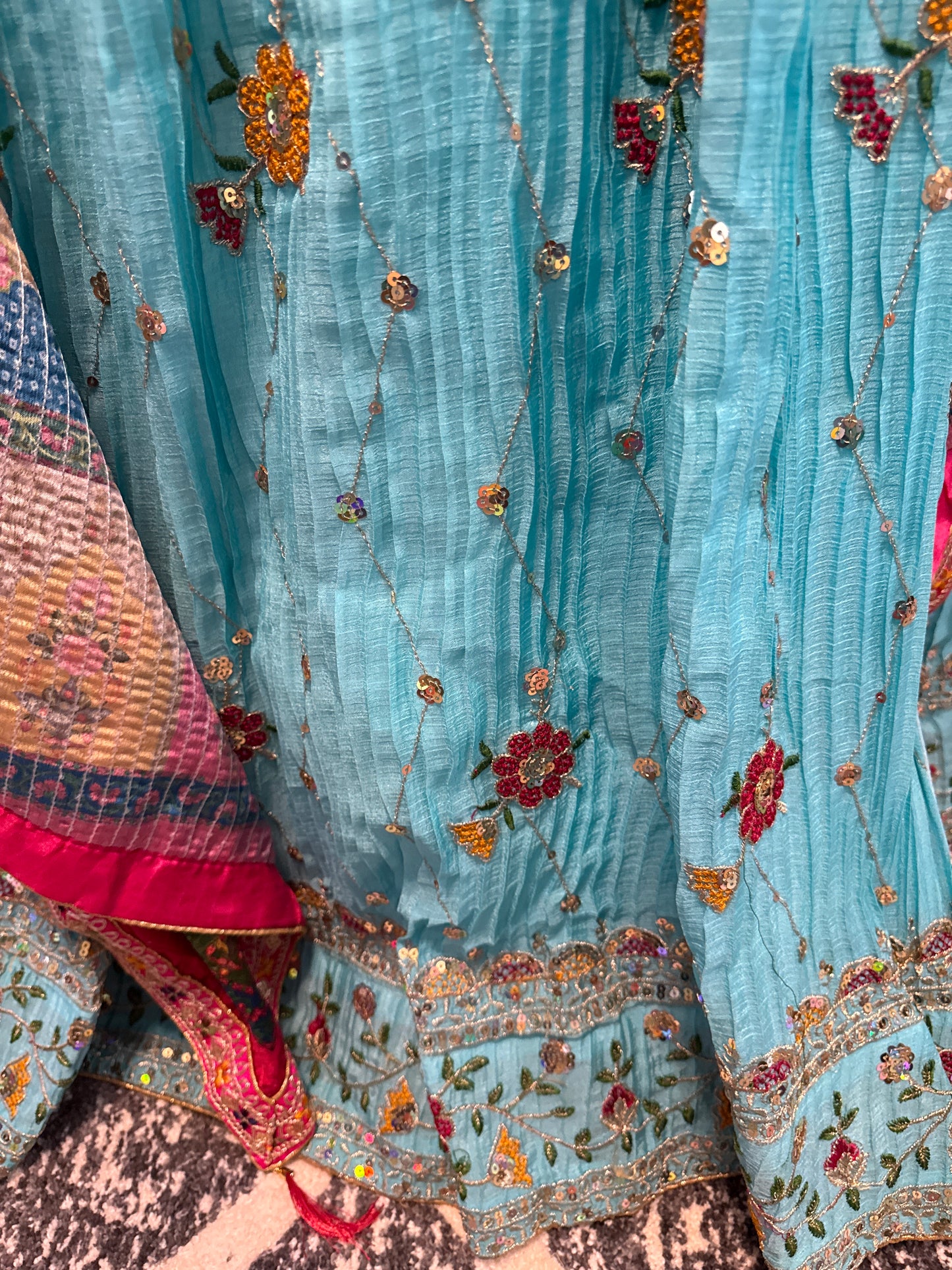 Crushed Chinon fabric semi-stitched turquoise Lengha set