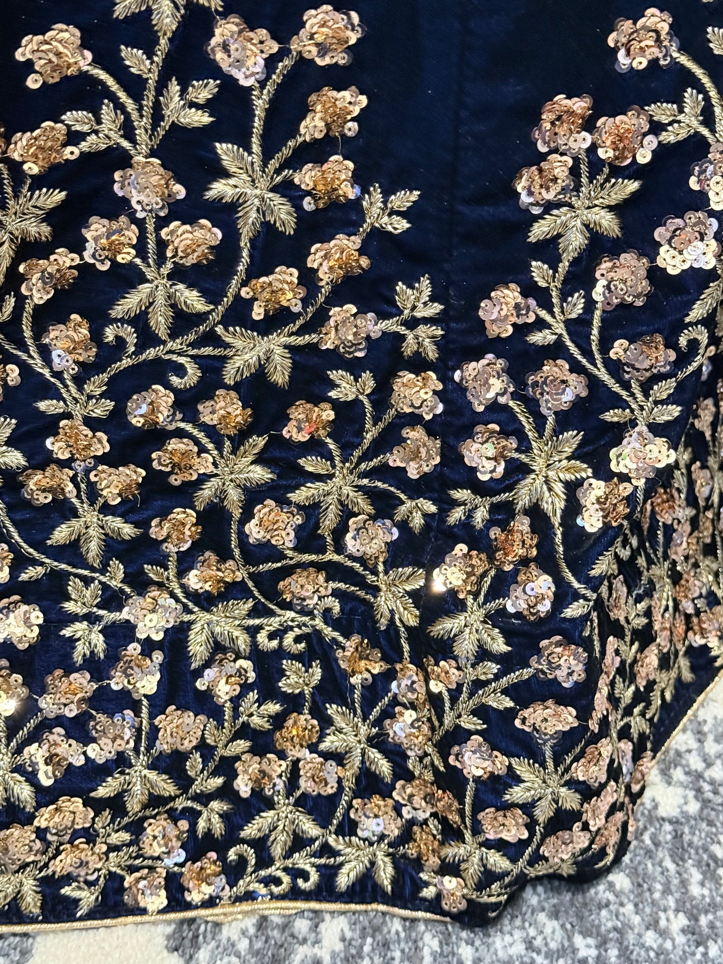 Navy Blue Velvet Semi-Stitched Lehenga with Golden Sequins Embroidery