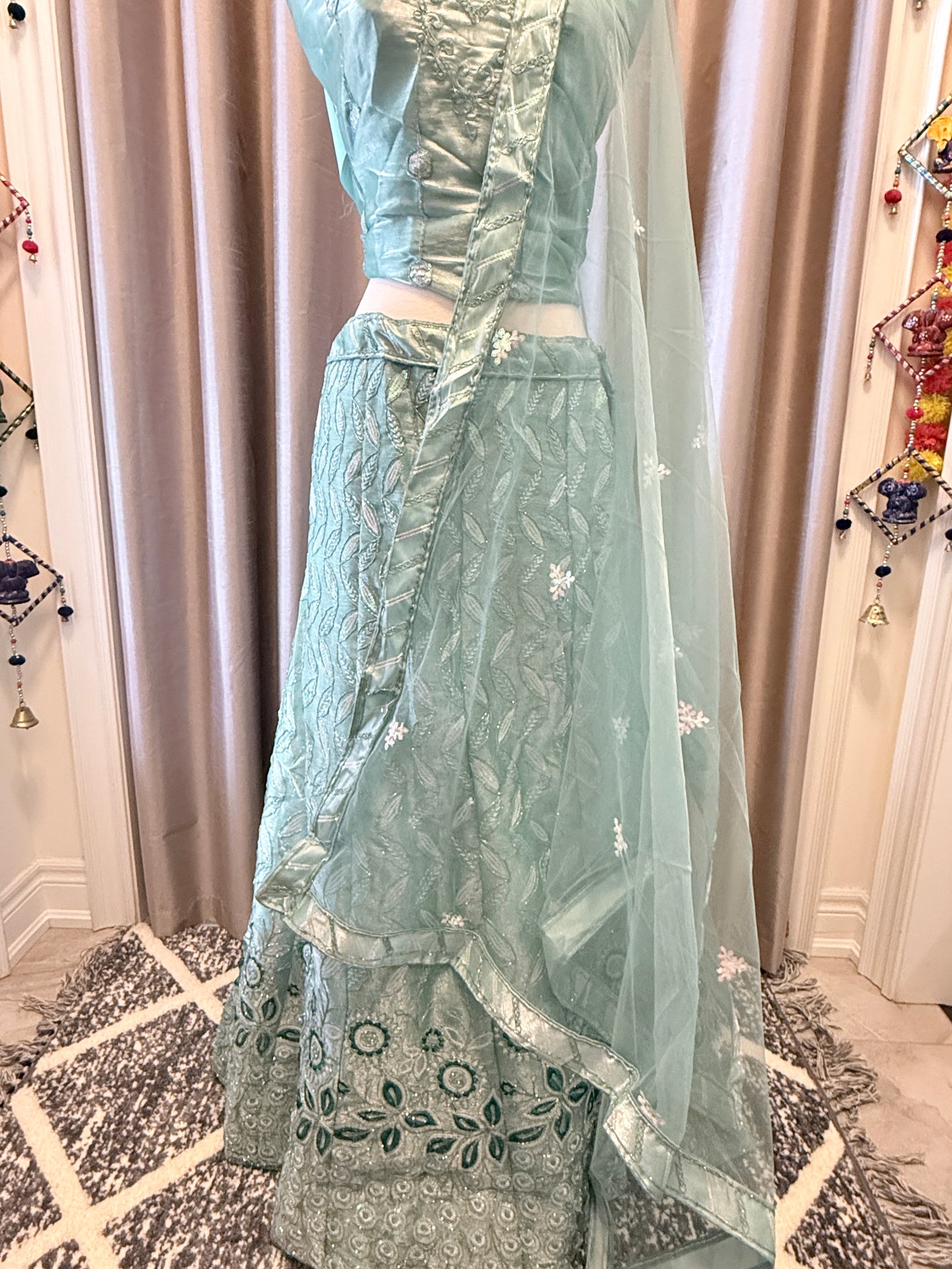 Semi-Stitched Embroidered Net Lehenga Set