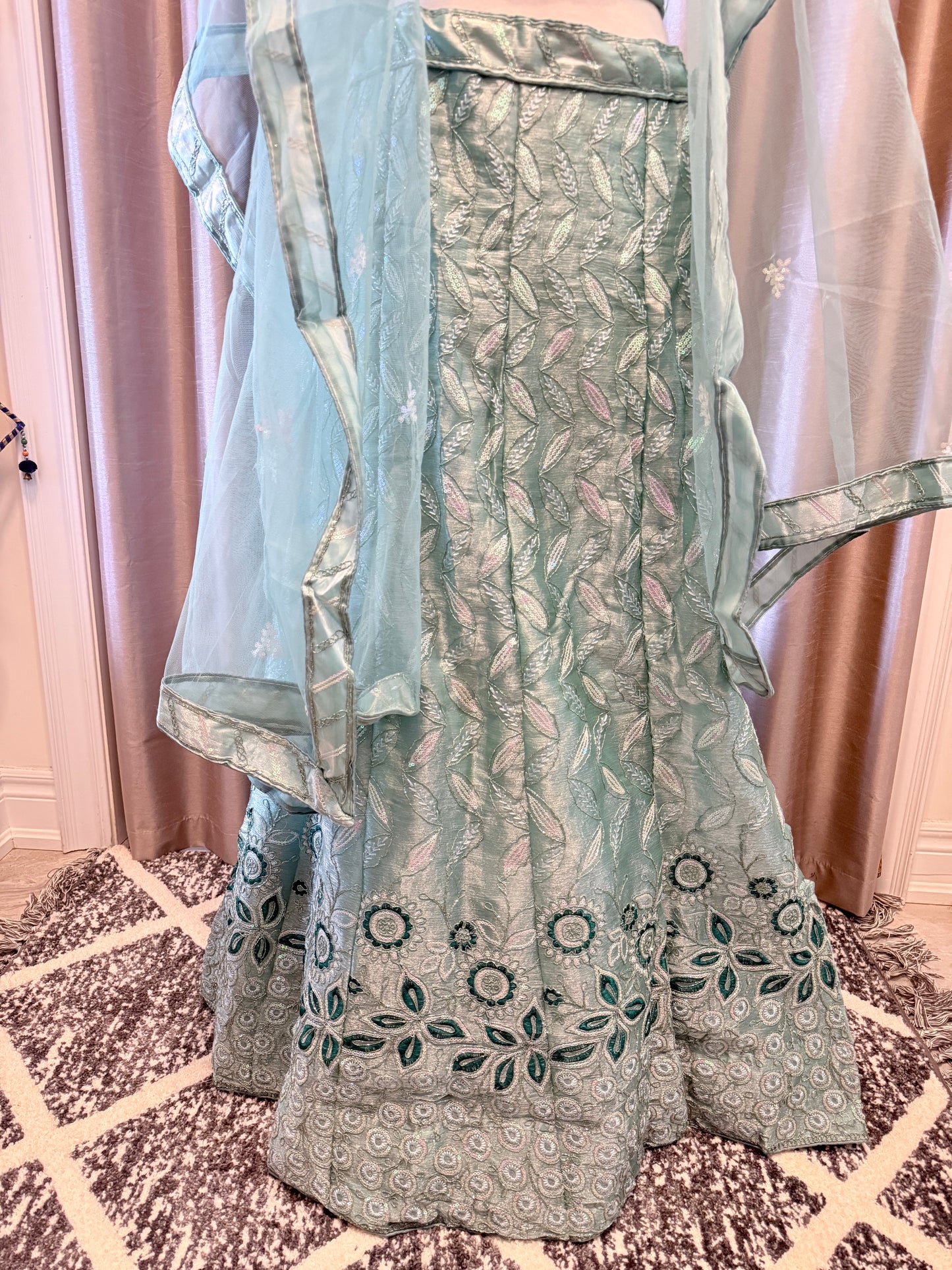 Semi-Stitched Embroidered Net Lehenga Set