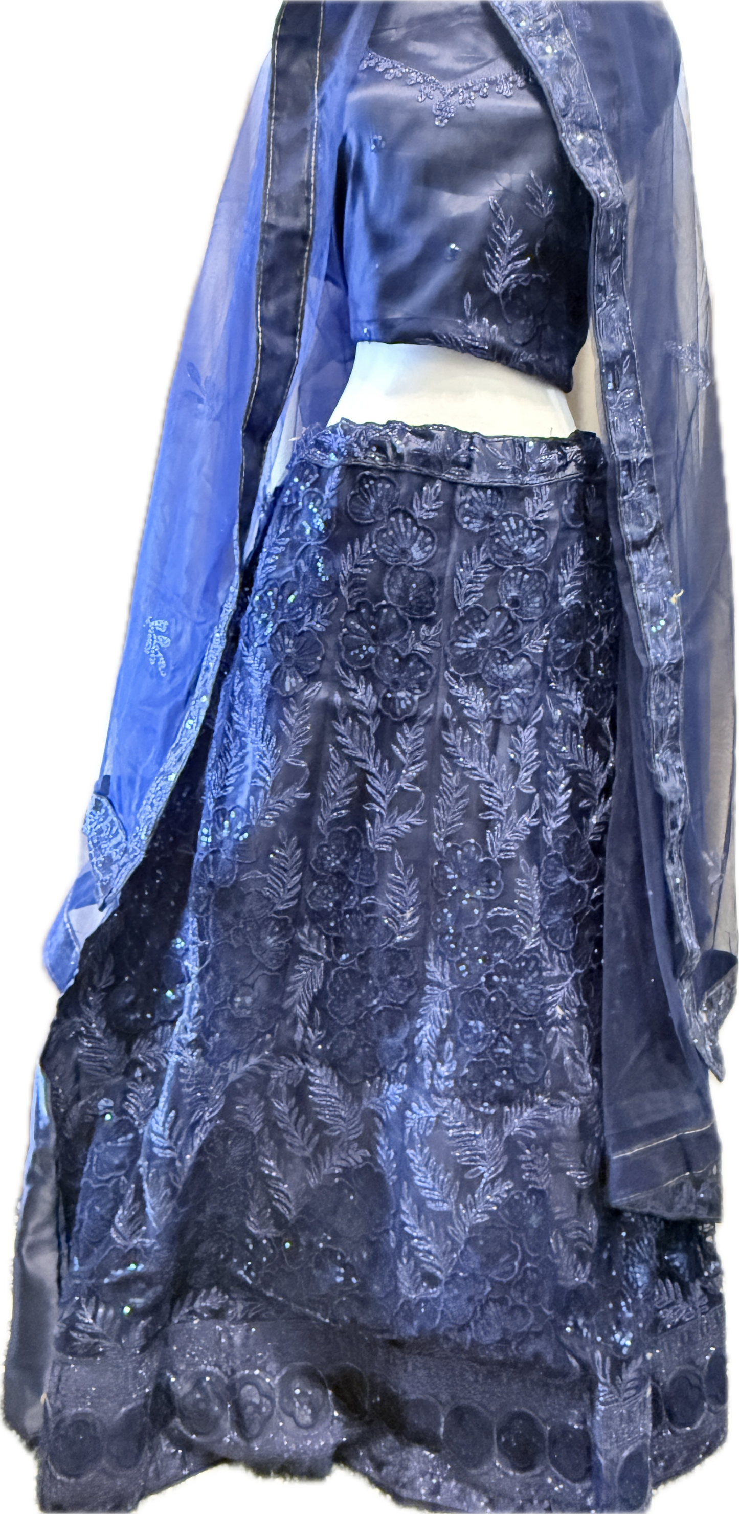Navy Blue Net Sequin Embroidered semi-stitched Lehenga