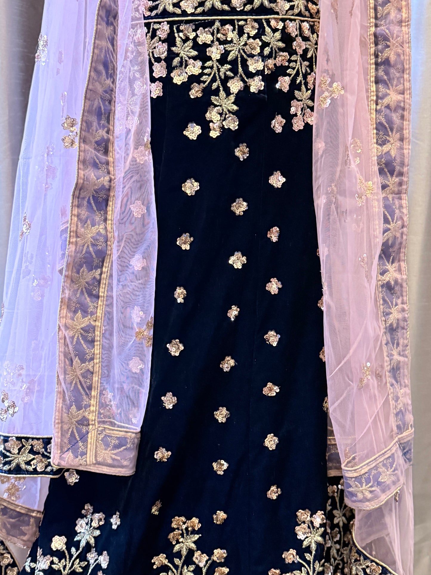 Navy Blue Velvet Semi-Stitched Lehenga with Golden Sequins Embroidery