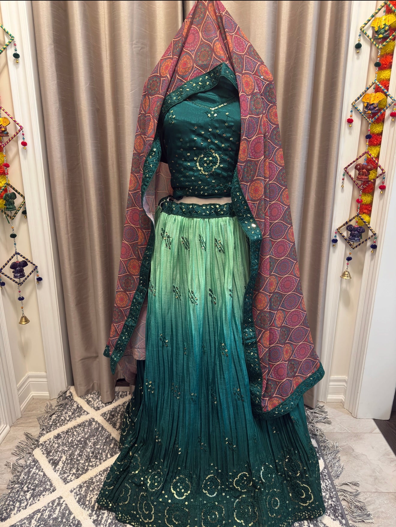 Stunning semi-stitched green ombre lehenga set