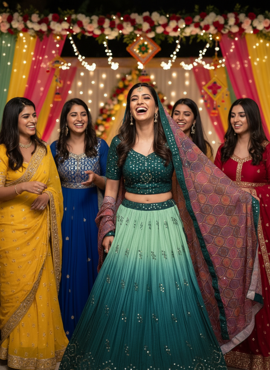 Stunning semi-stitched green ombre lehenga set