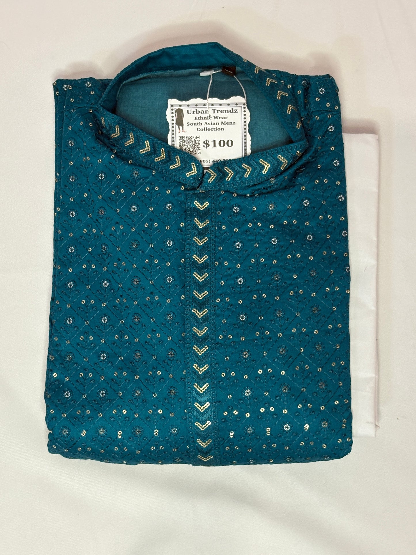 Men's Sequined Party Wear Kurta with Golden Pajama - Teal Blue