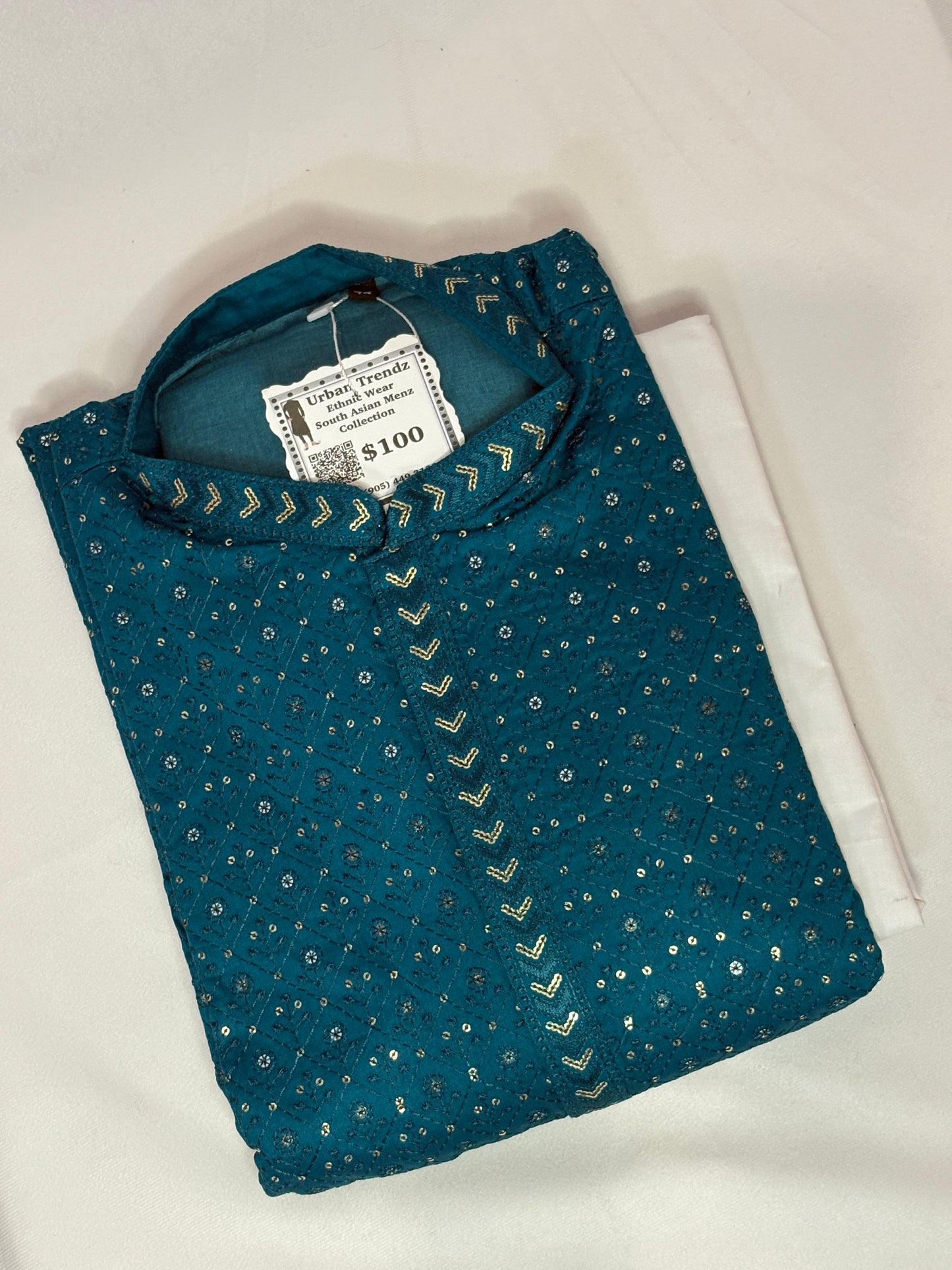 Men's Sequined Party Wear Kurta with Golden Pajama - Teal Blue
