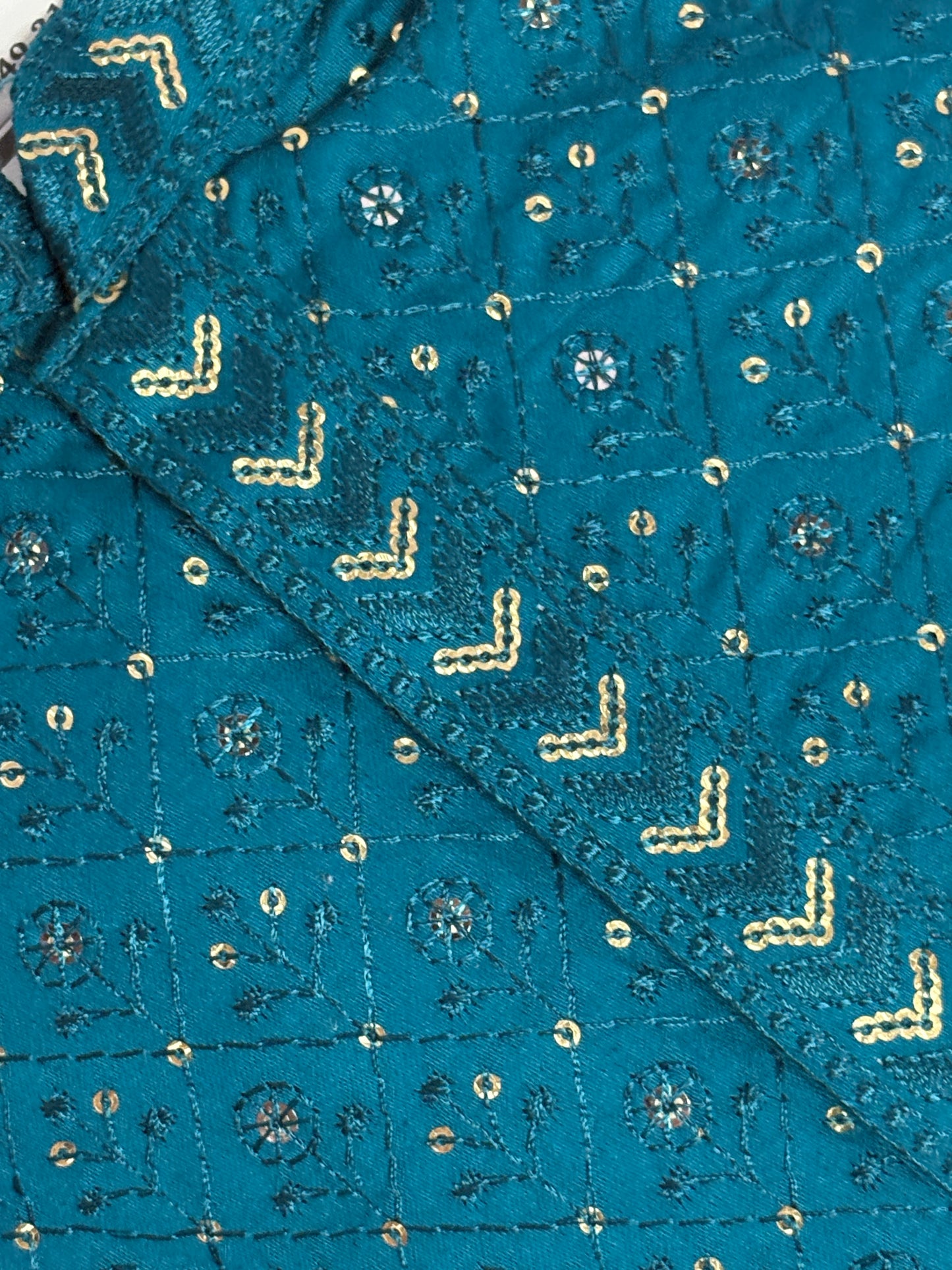 Men's Sequined Party Wear Kurta with Golden Pajama - Teal Blue