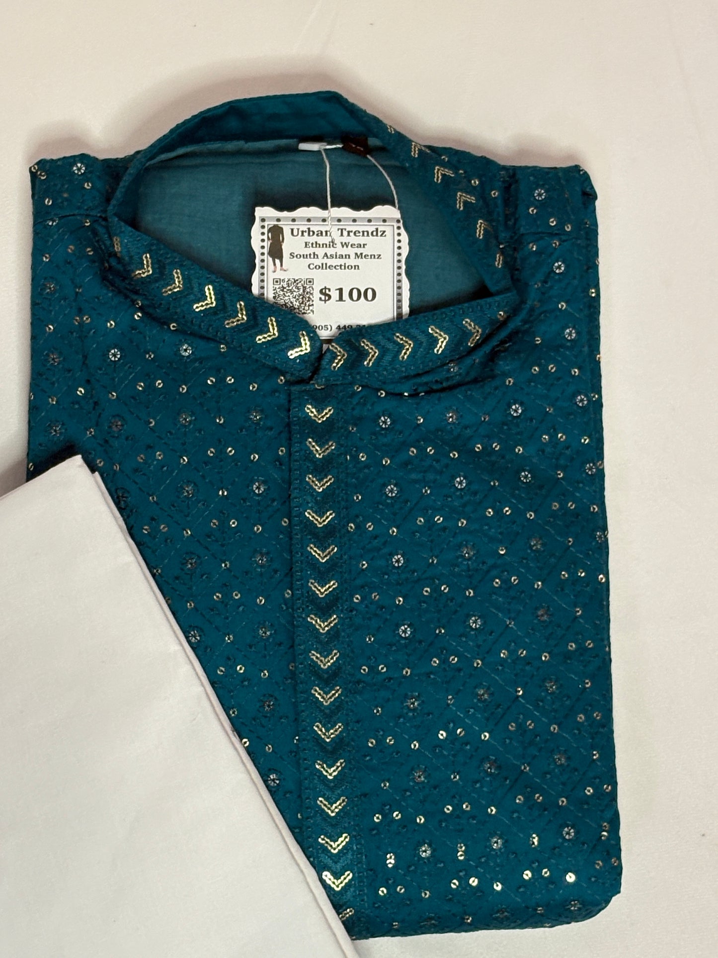 Men's Sequined Party Wear Kurta with Golden Pajama - Teal Blue