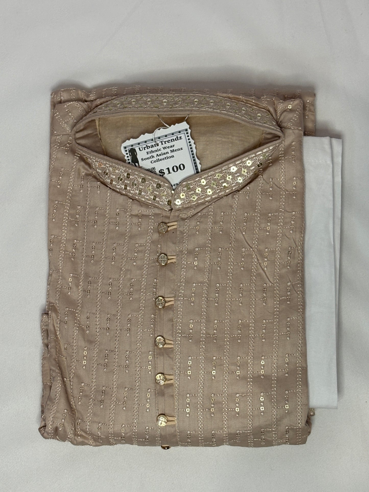 Champagne with Intricate sequin and embroidery work, paired with a white pajama