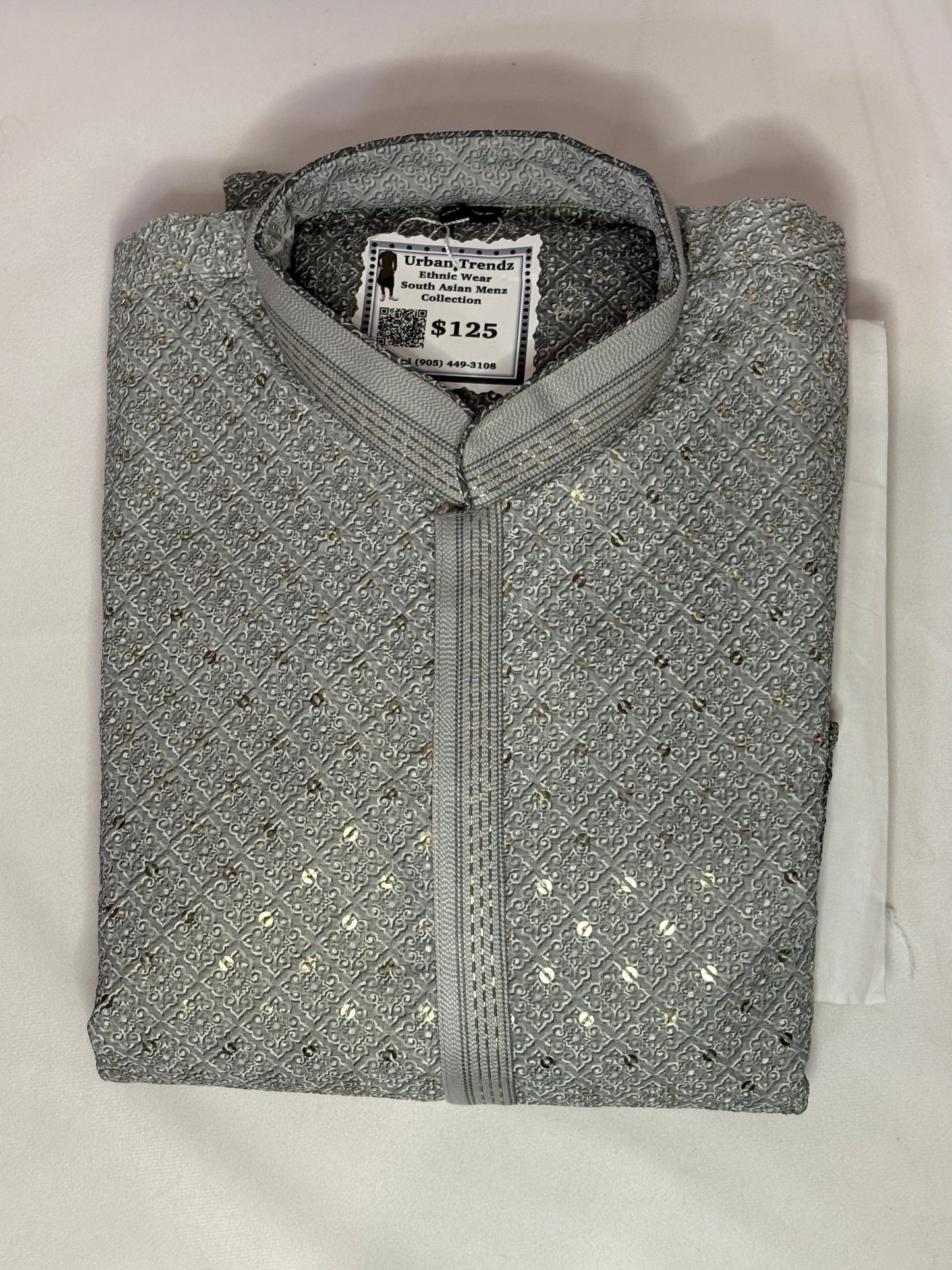 Jacquard Grey Silver Sequin Kurta with White Churidar