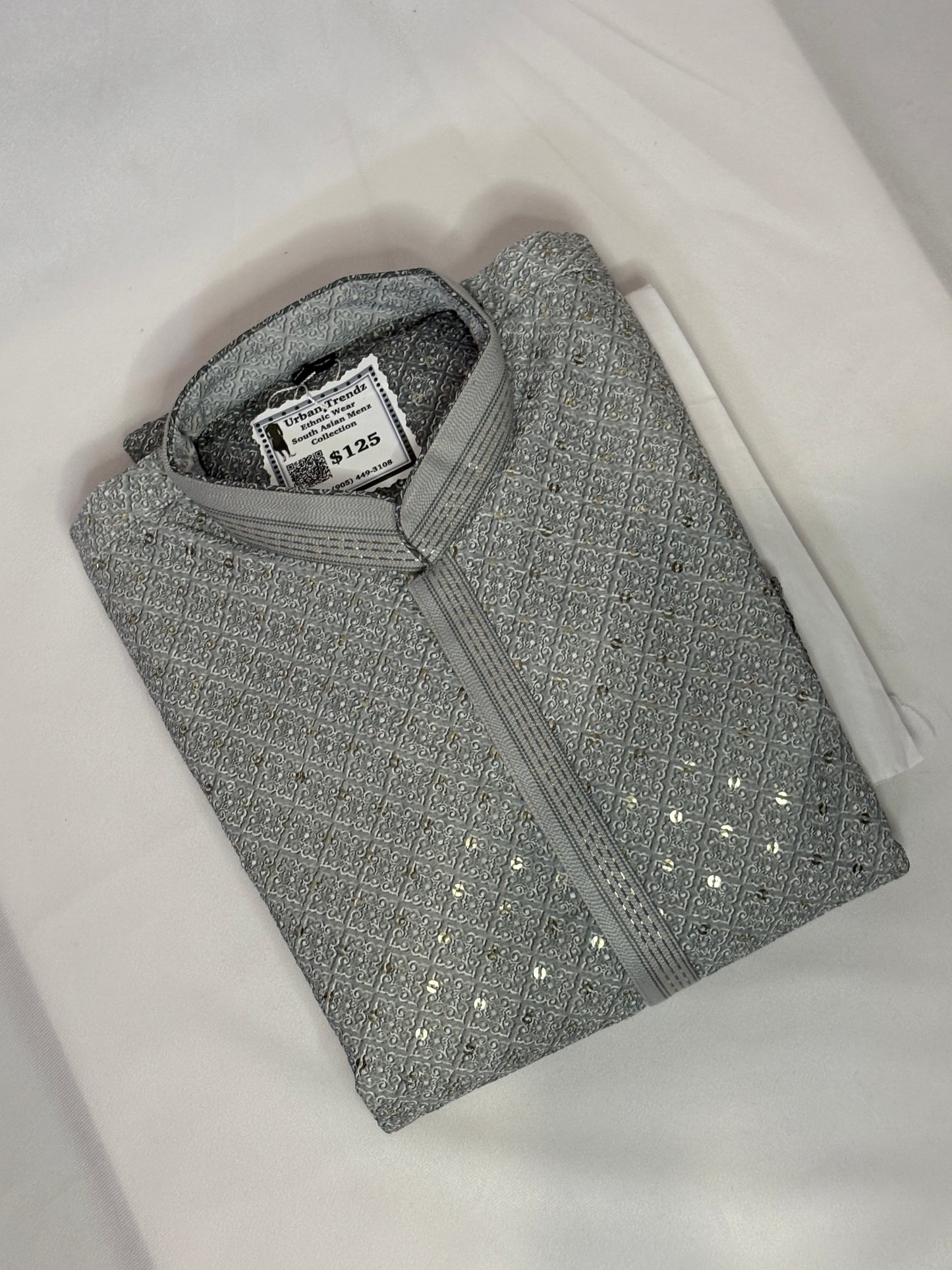 Jacquard Grey Silver Sequin Kurta with White Churidar