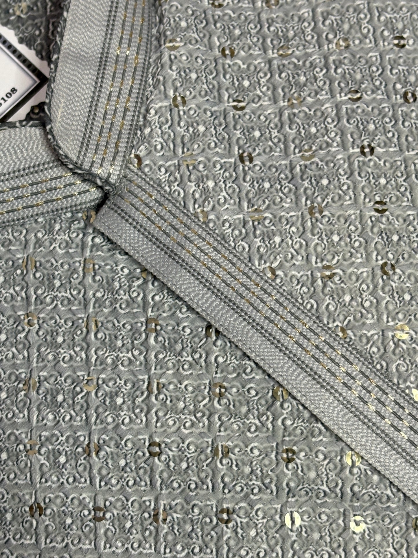 Jacquard Grey Silver Sequin Kurta with White Churidar