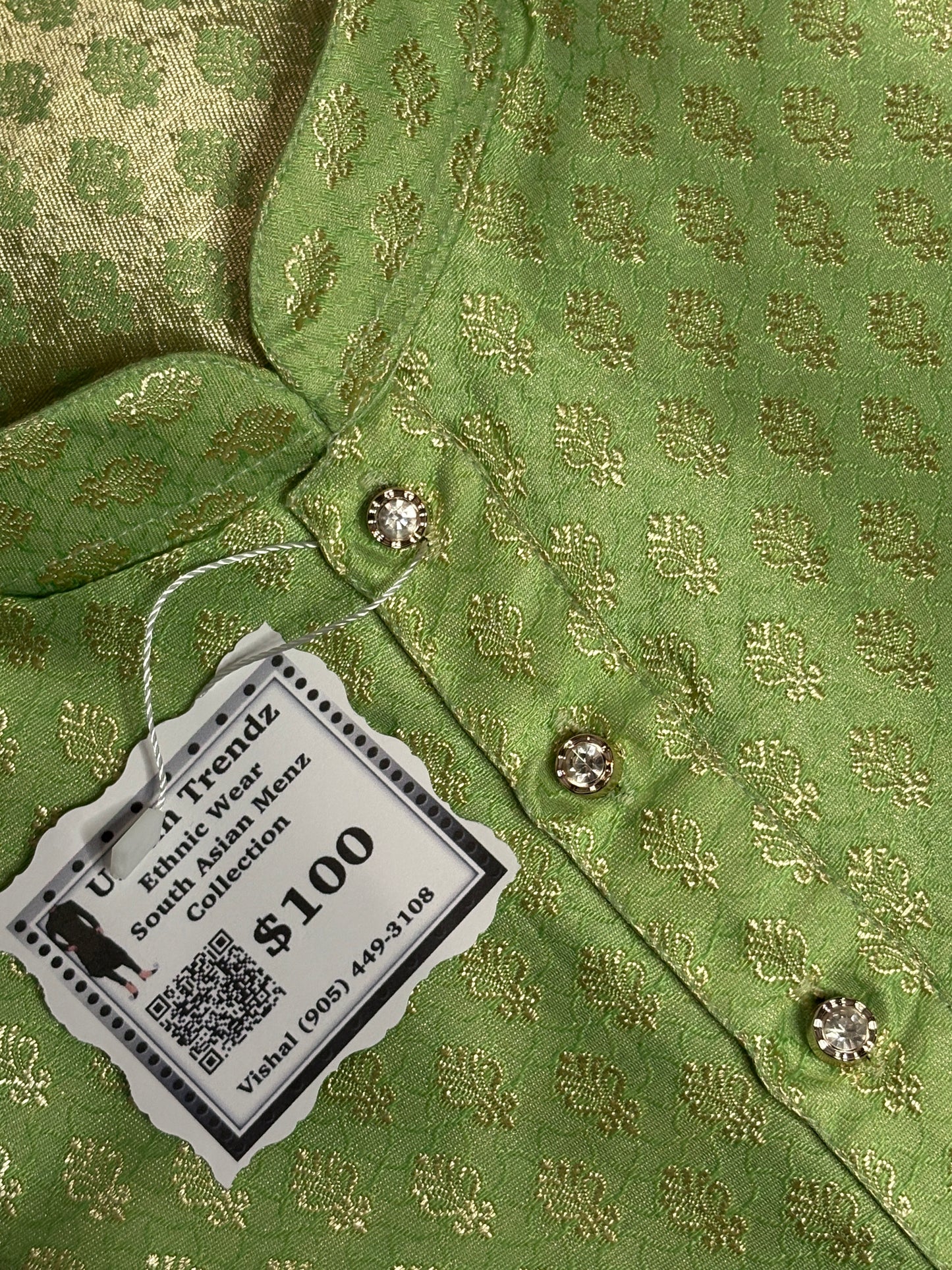 Mint green Brocade Kurta comes with golden pajama