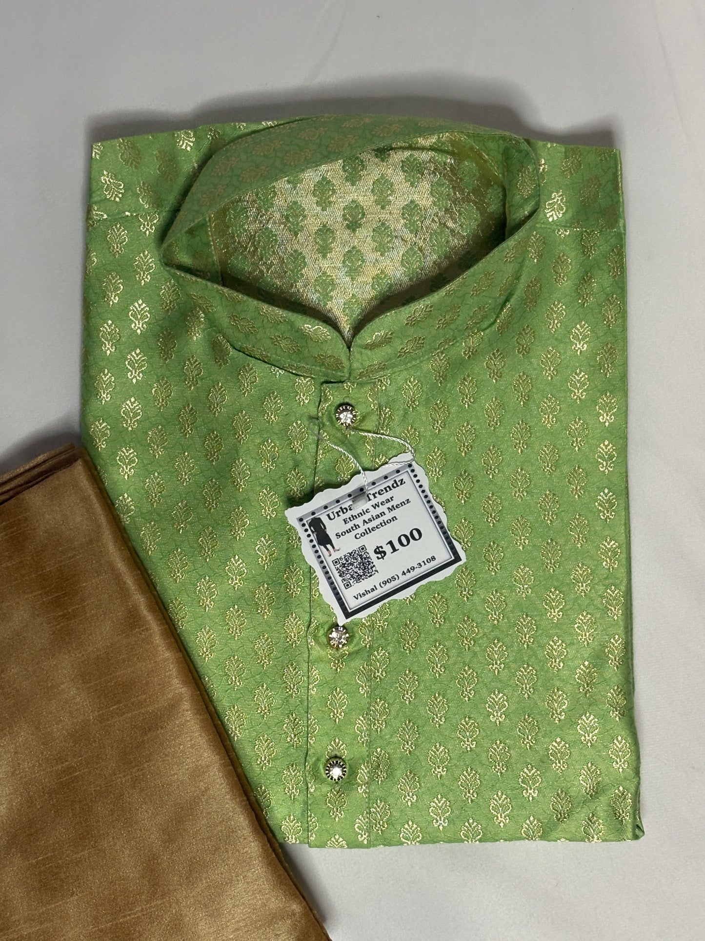 Mint green Brocade Kurta comes with golden pajama