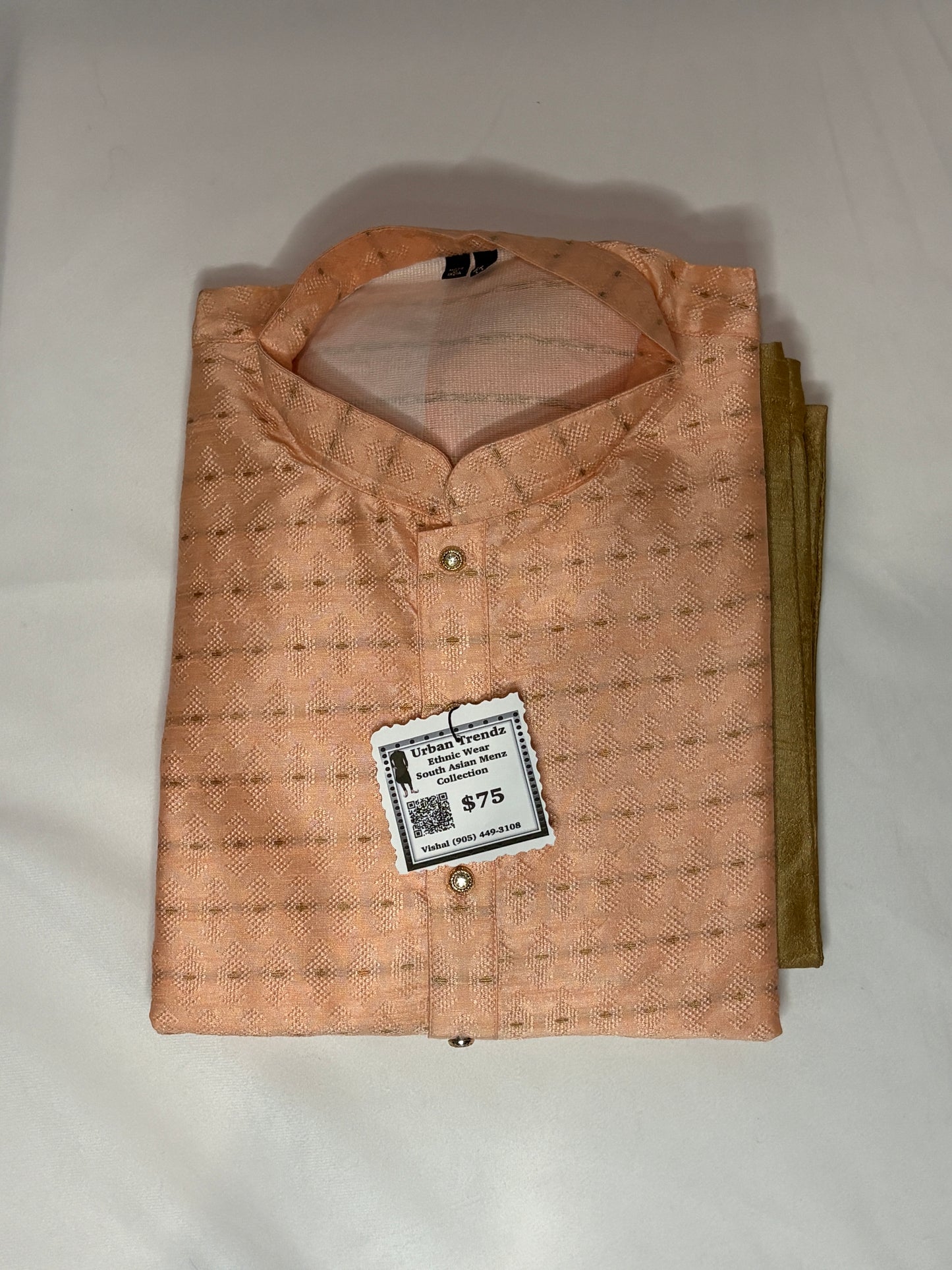 Jacquard Peach with beige/golden motif Kurta with Golden Pajama