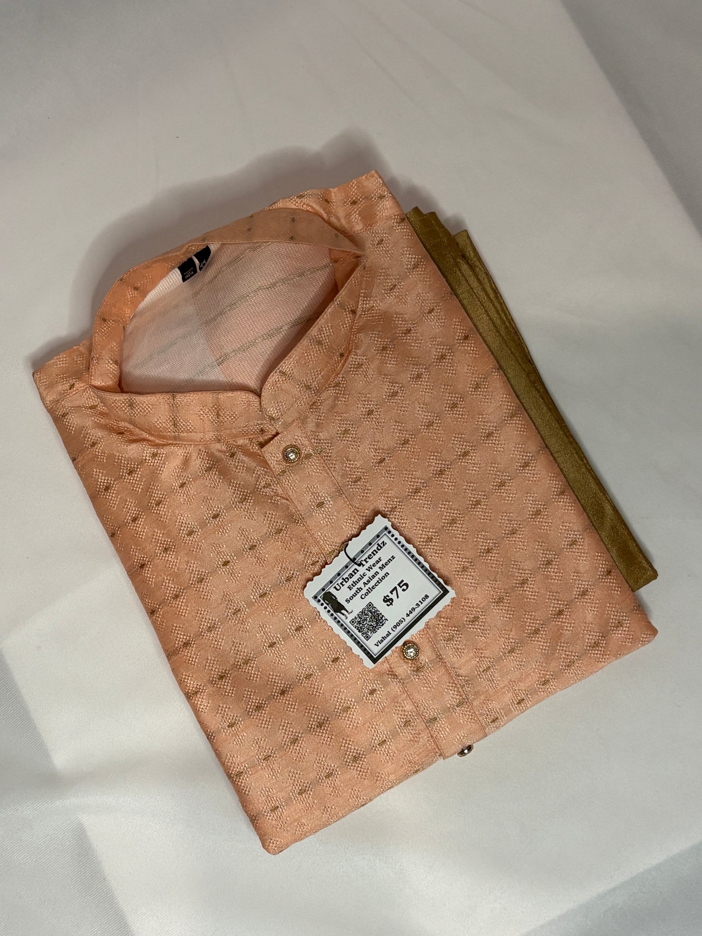 Jacquard Peach with beige/golden motif Kurta with Golden Pajama