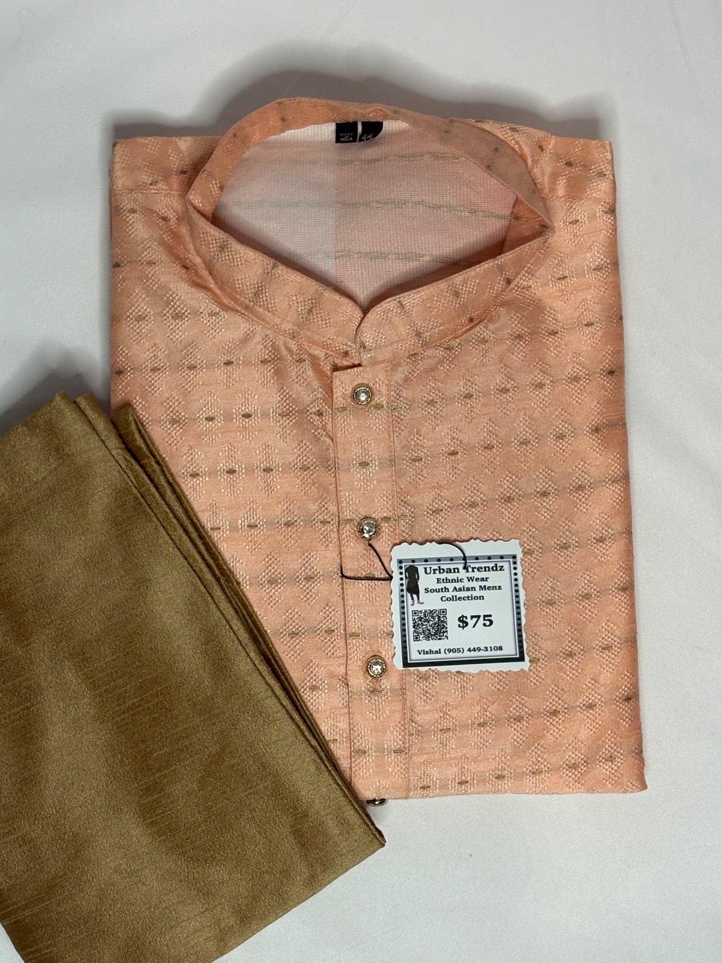 Jacquard Peach with beige/golden motif Kurta with Golden Pajama