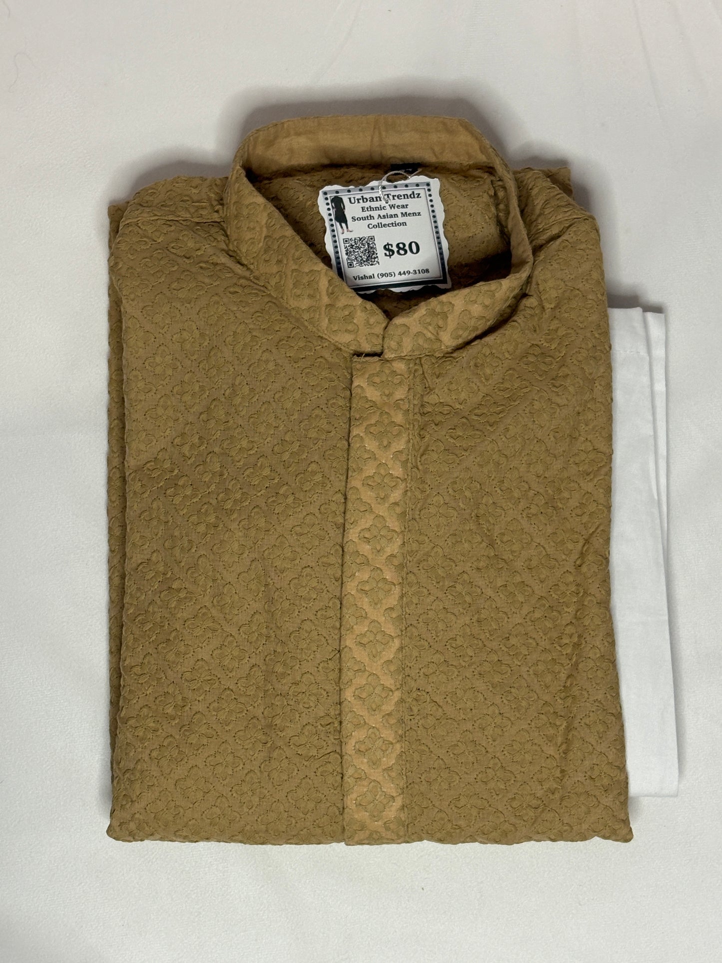 Golden Beige Cotton Chikankari Kurta with White Churidar