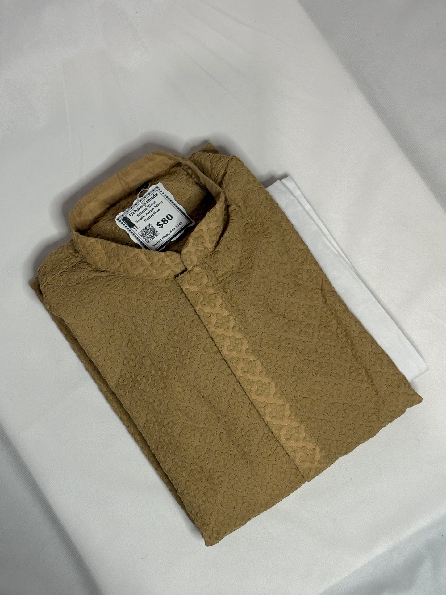 Golden Beige Cotton Chikankari Kurta with White Churidar