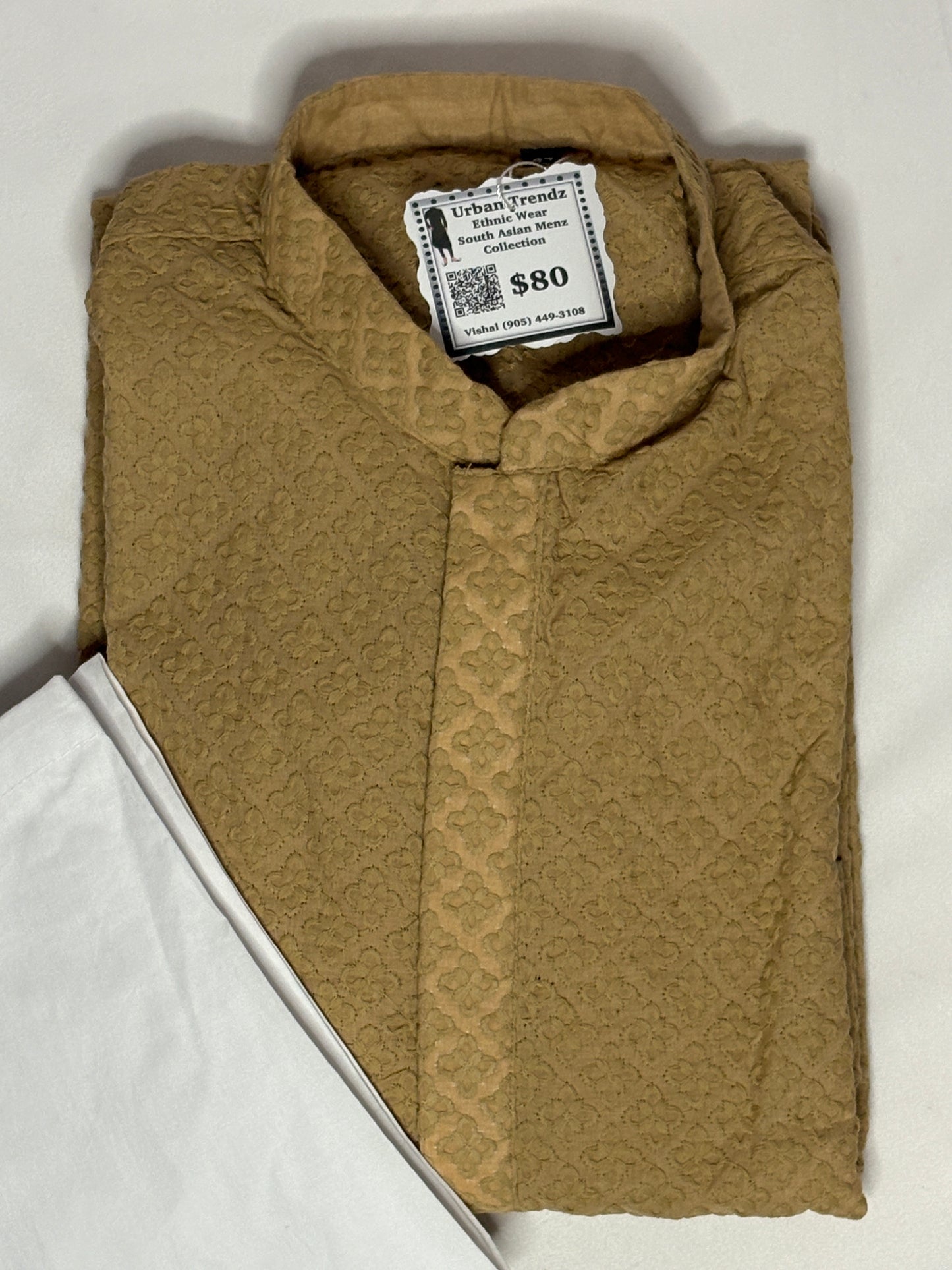 Golden Beige Cotton Chikankari Kurta with White Churidar