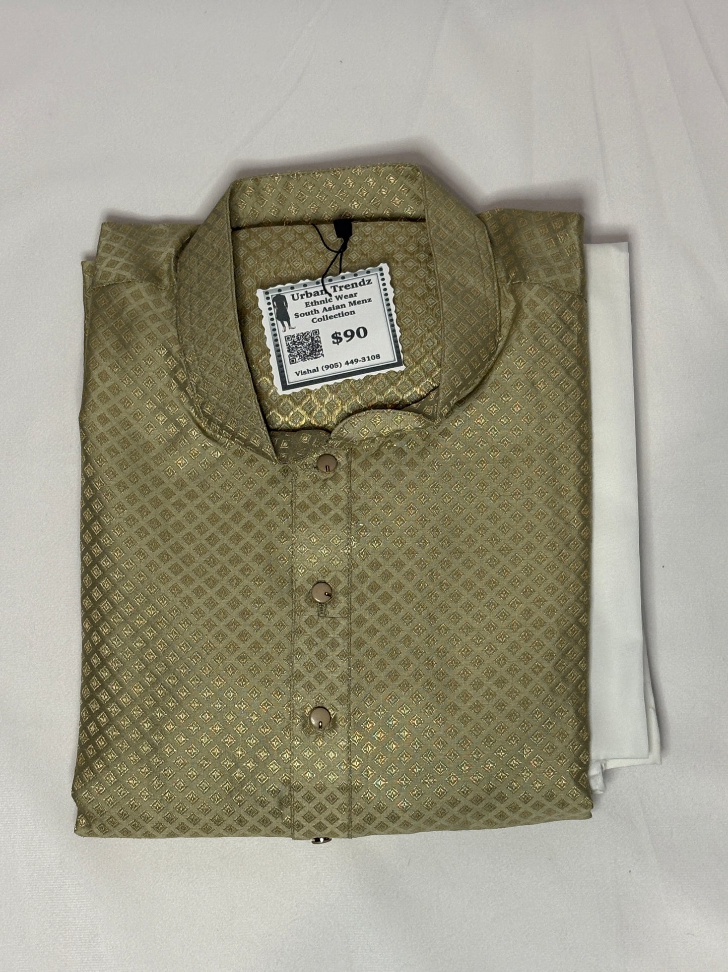 Olive Gold Brocade Kurta with White Churidar