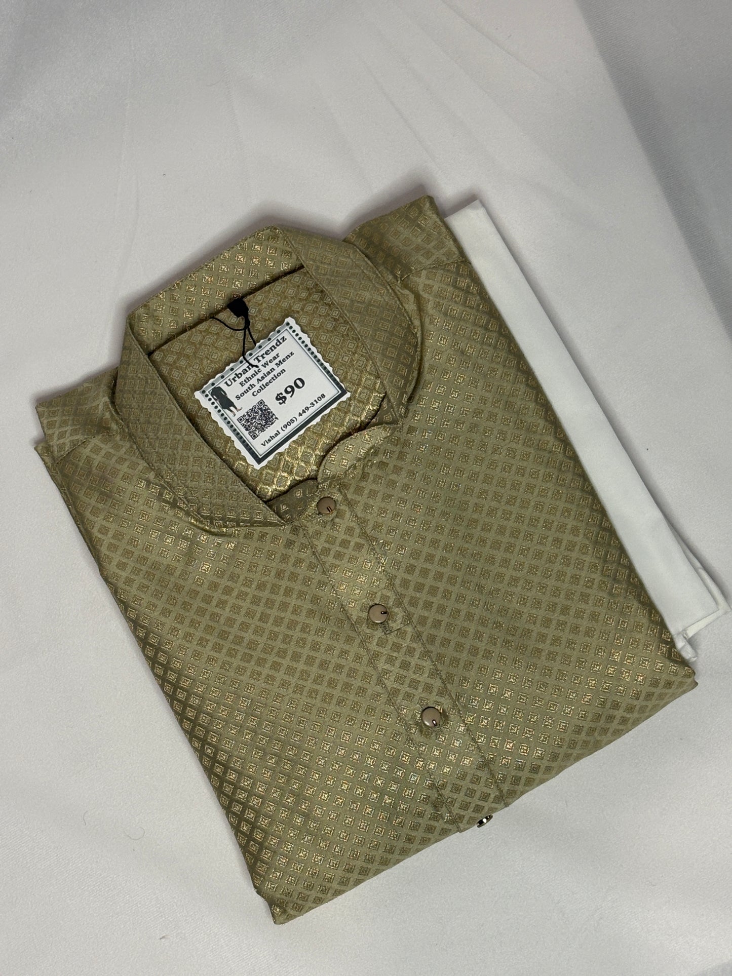 Olive Gold Brocade Kurta with White Churidar