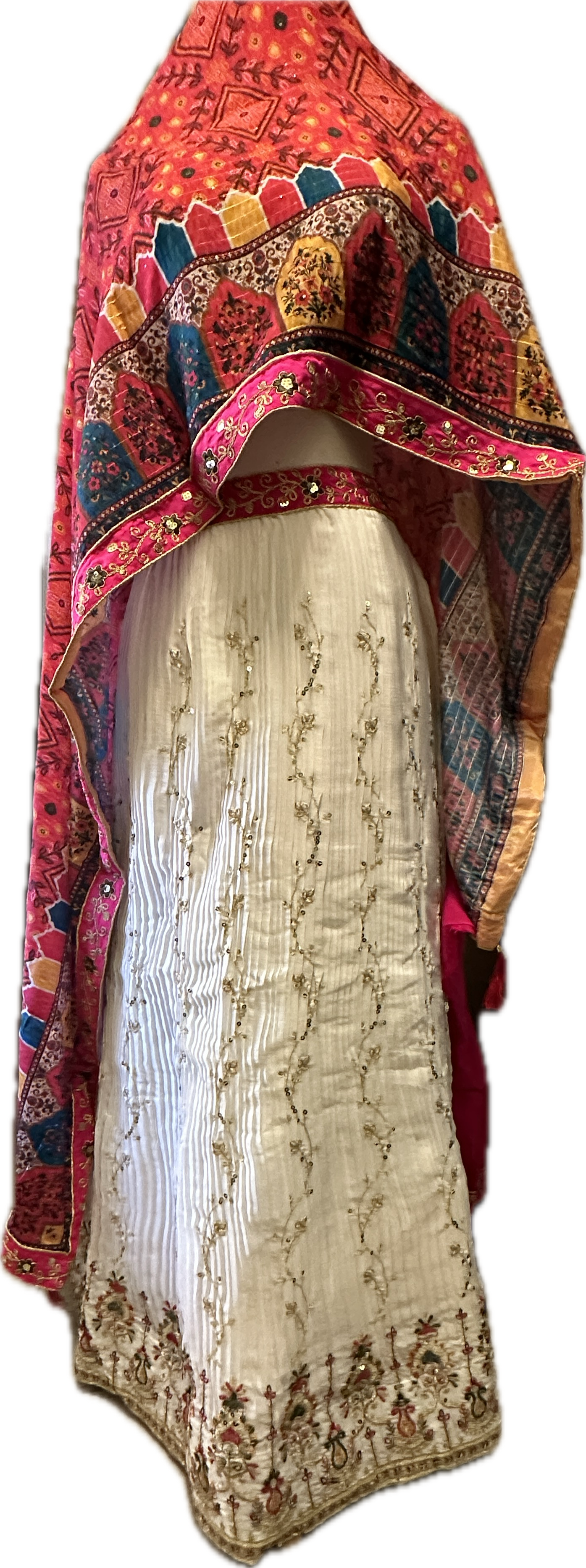 White Chinon crushed semi-stitched lehenga