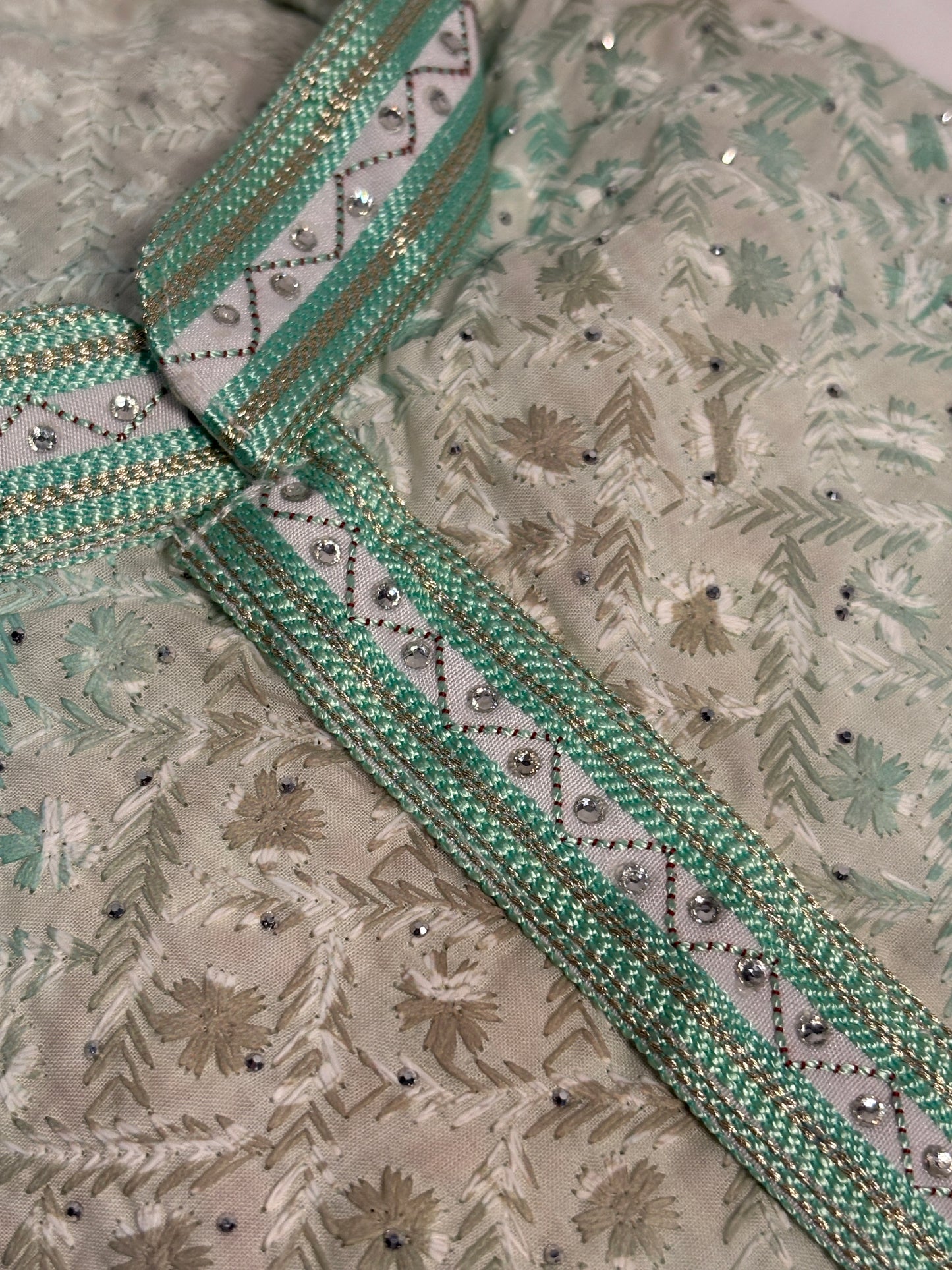 Mint Green and Beige Floral Vine Kurta Pajama Set